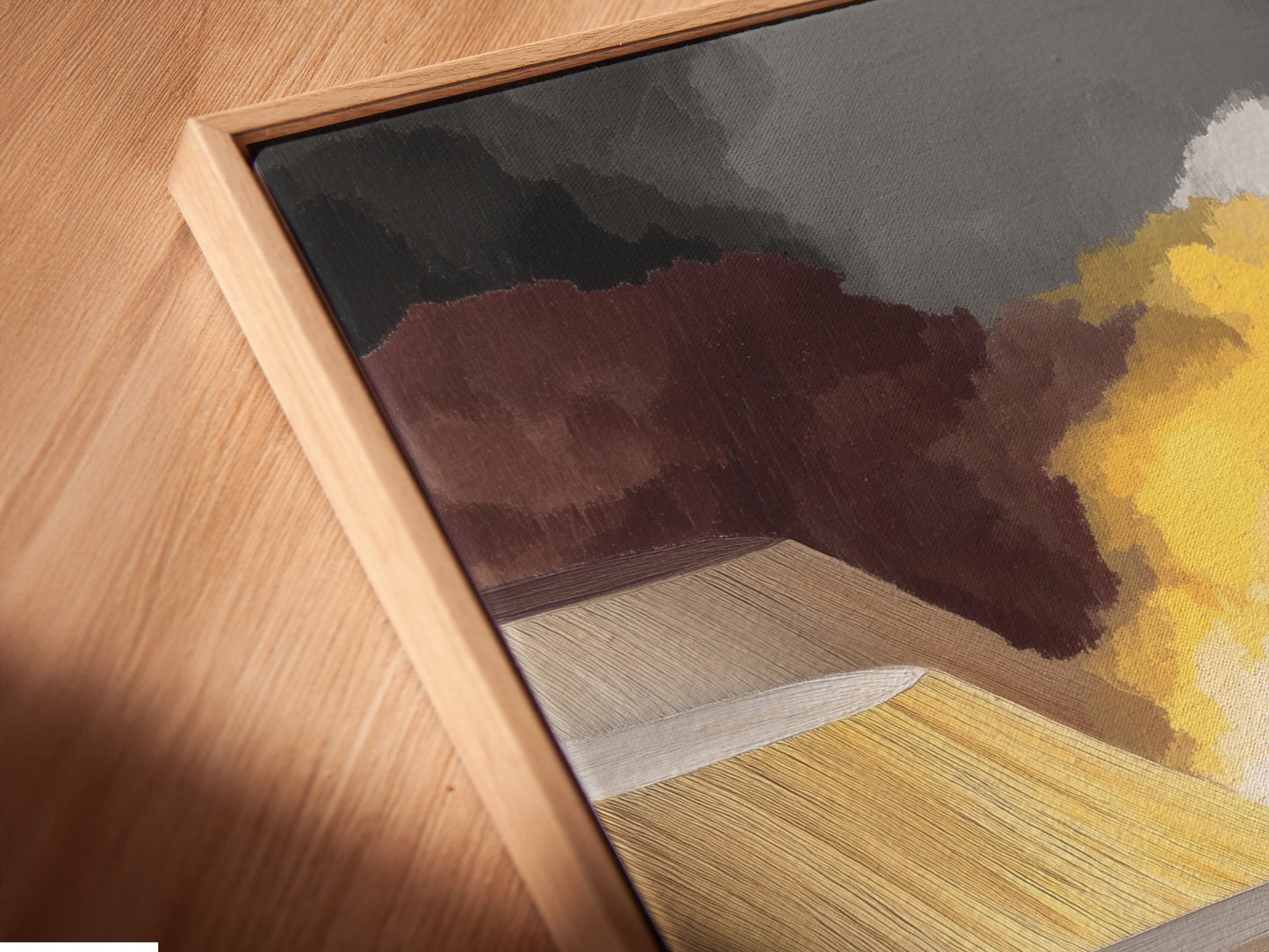 Angled close up of cyclists art in a floating frame. The canvas print highlights the abstract artwork. Add contemporary wall decor to your space. Perfect for modern prints and minimalist styles.