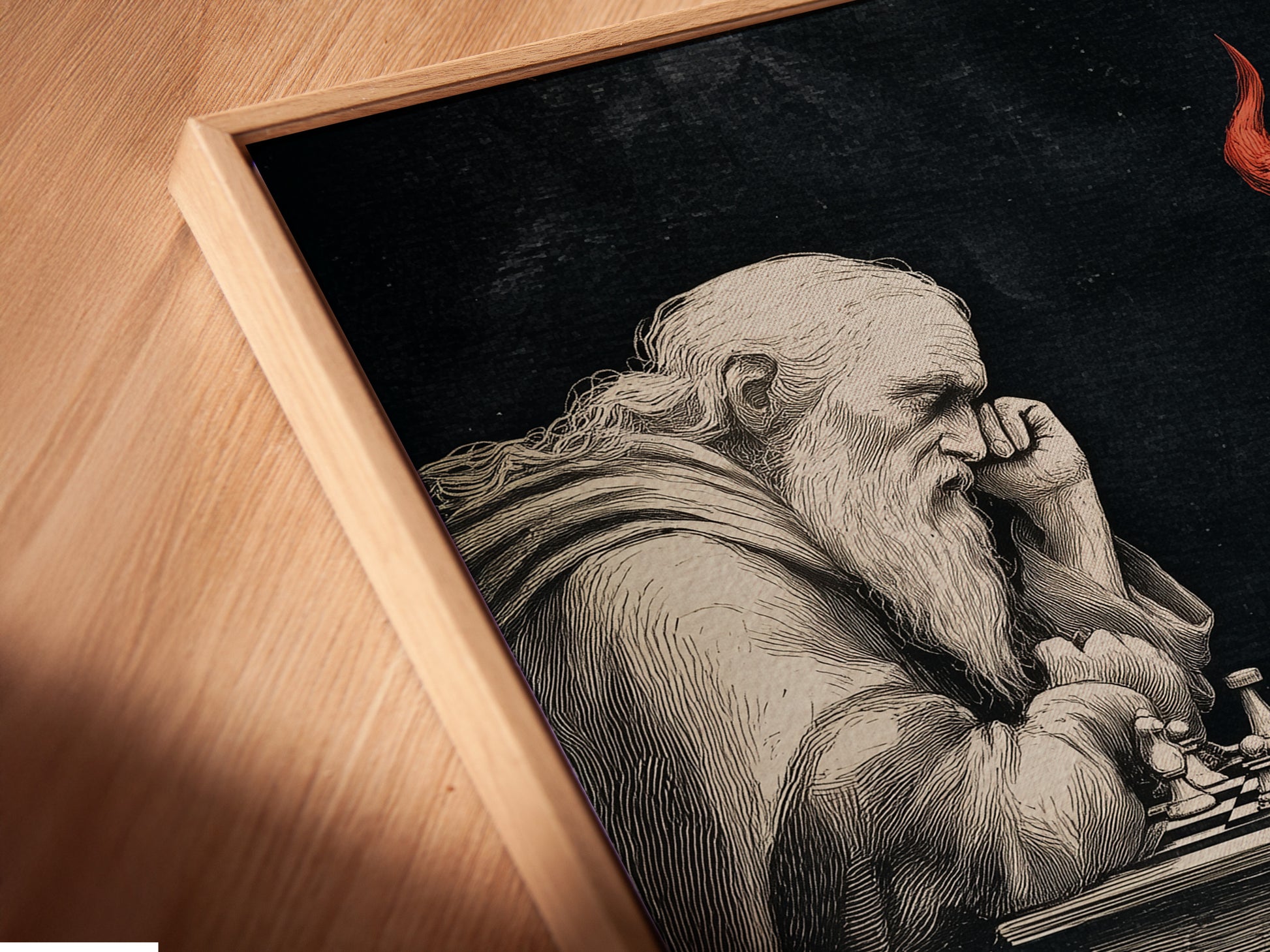 Close-up of the Chess Master Canvas Print in a floating frame. The artwork features a devil versus an angel playing chess. This gothic wall decor adds a unique touch to any room. Perfect for fantasy art collectors.