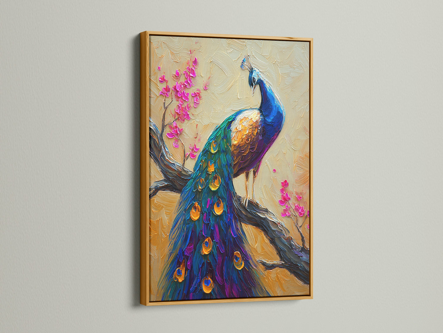 A beautiful peacock artwork is displayed in a gold frame. The gold frame enhances the artwork's elegance. The painting features a vibrant peacock. It sits among blossoming branches. The artwork is rich in color and detail.