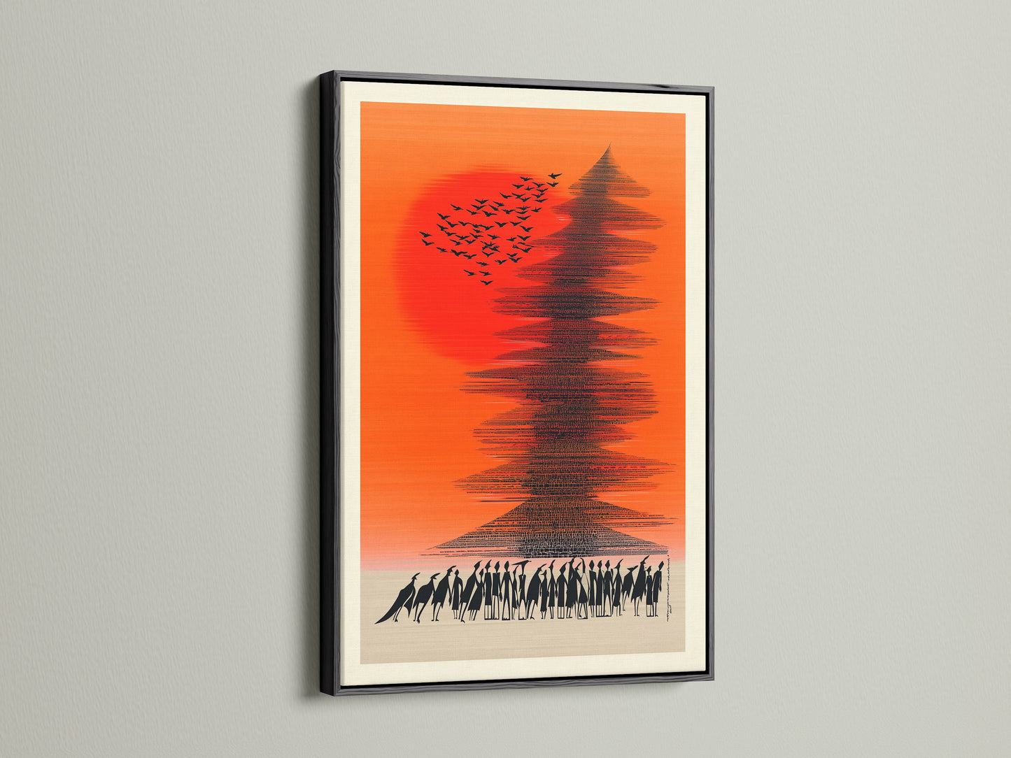 Abstract Sunset artwork with birds and people in a black frame. This unique artwork complements eclectic styles. A great choice for living room wall art and office wall art. Transform your space with this unique art print.