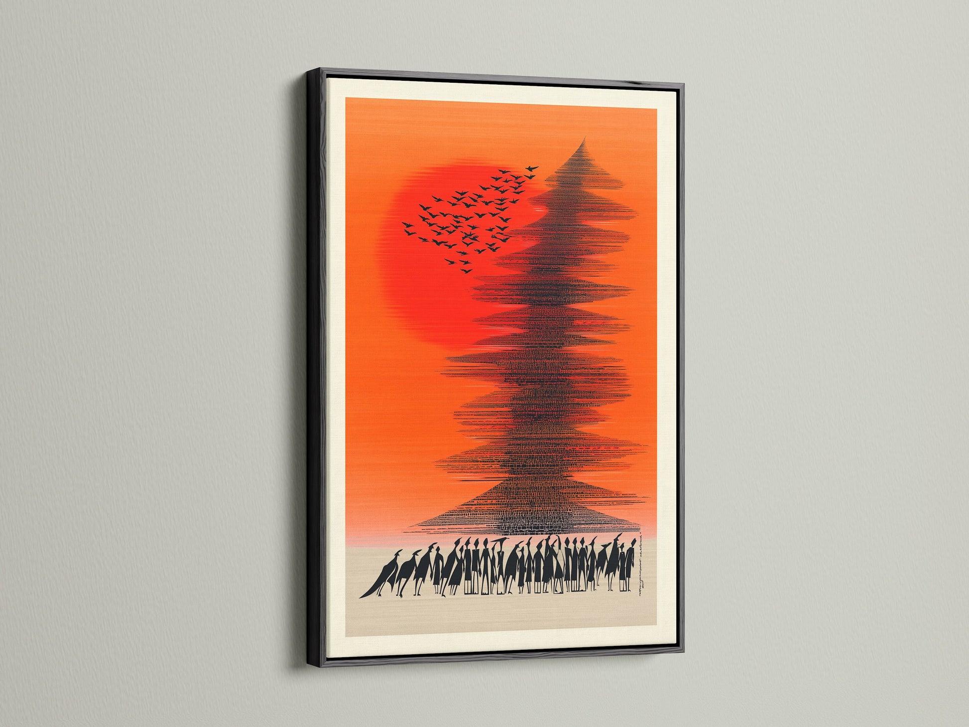 Abstract Sunset artwork with birds and people in a black frame. This unique artwork complements eclectic styles. A great choice for living room wall art and office wall art. Transform your space with this unique art print.