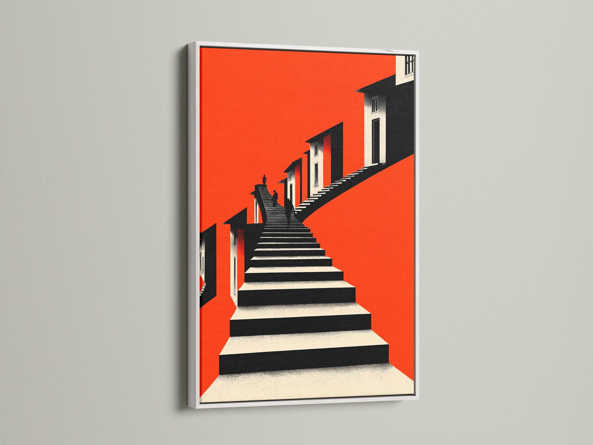 Architectural Stairs Print displayed in a white frame. The orange wall decor brings a vibrant touch to minimalist spaces. This geometric building canvas is ideal for contemporary offices. The stairs artwork adds a unique focal point. Enhance your living room wall art with this modern artwork.
