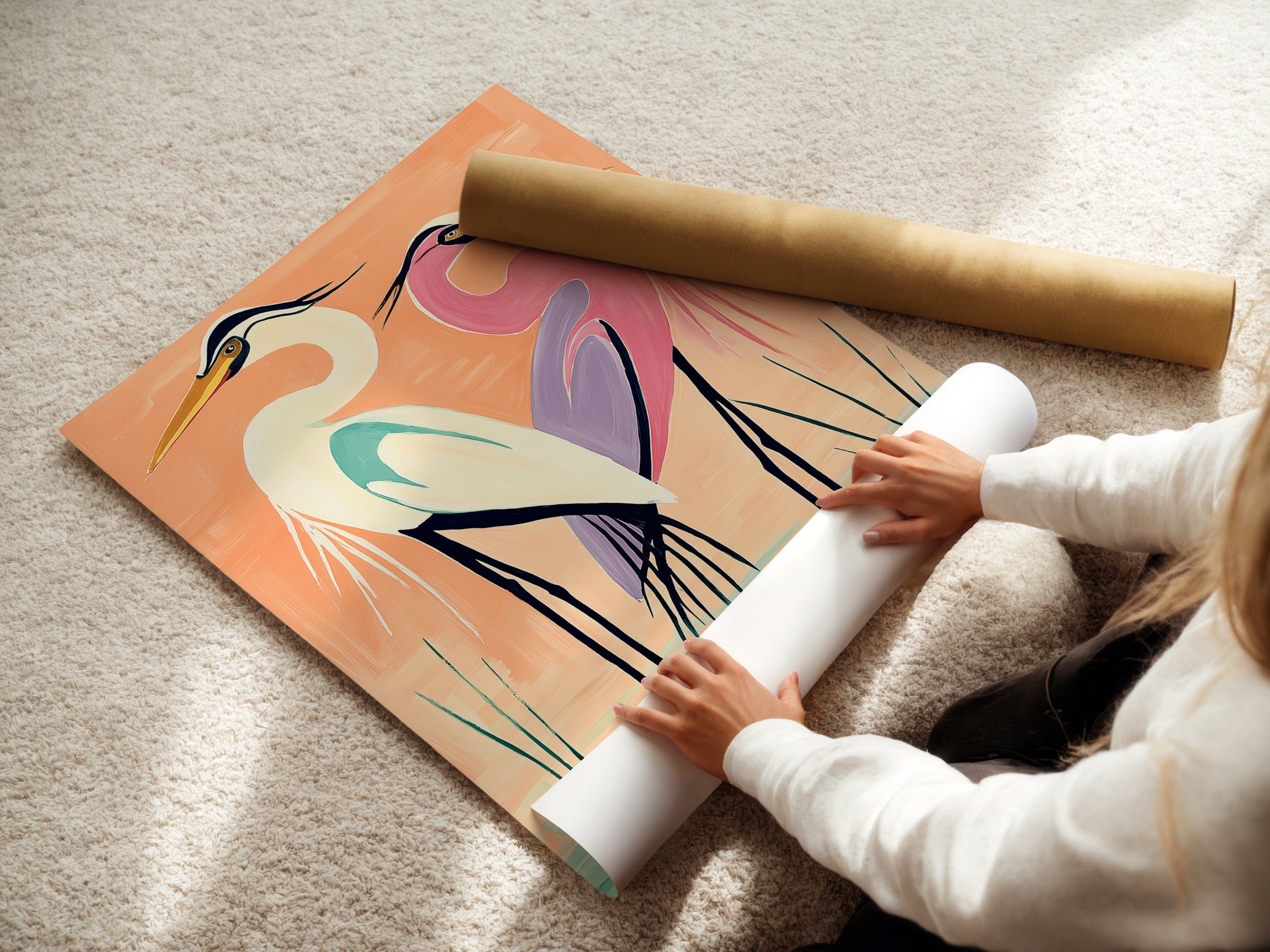 A woman is carefully rolling a fine art poster paper print of heron artwork. This fine art paper ensures vibrant colors and sharp details. The heron artwork is perfect for coastal minimalist or contemporary styles. The artwork is perfect for homeowners renters interior designers and business owners seeking elevated modern wall art.