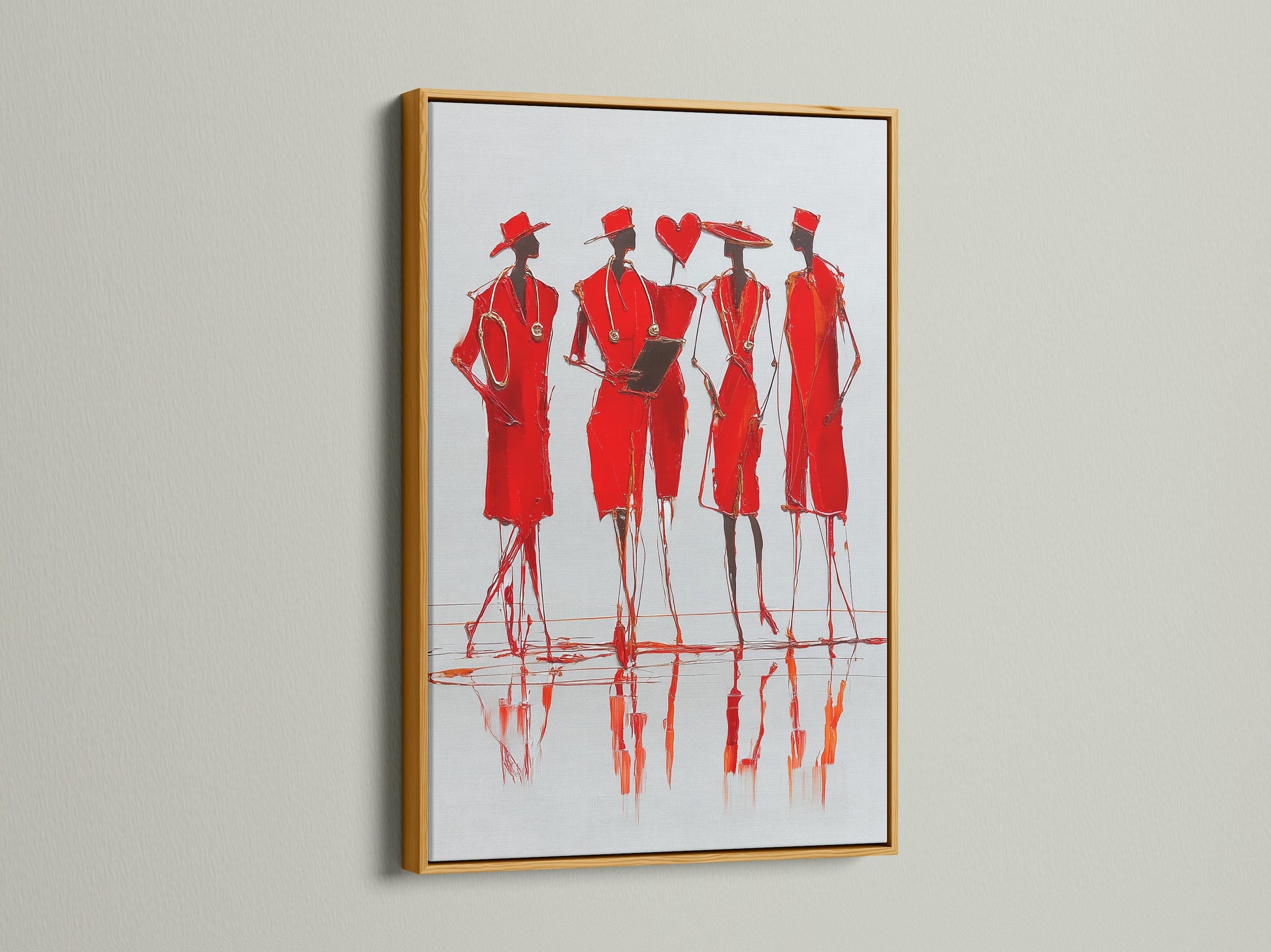 Red Fashion Sketch Art in a gold frame. The contemporary figure drawing is a canvas print. The modern fashion wall art adds a touch of luxury to clinics lobbies and boardrooms.