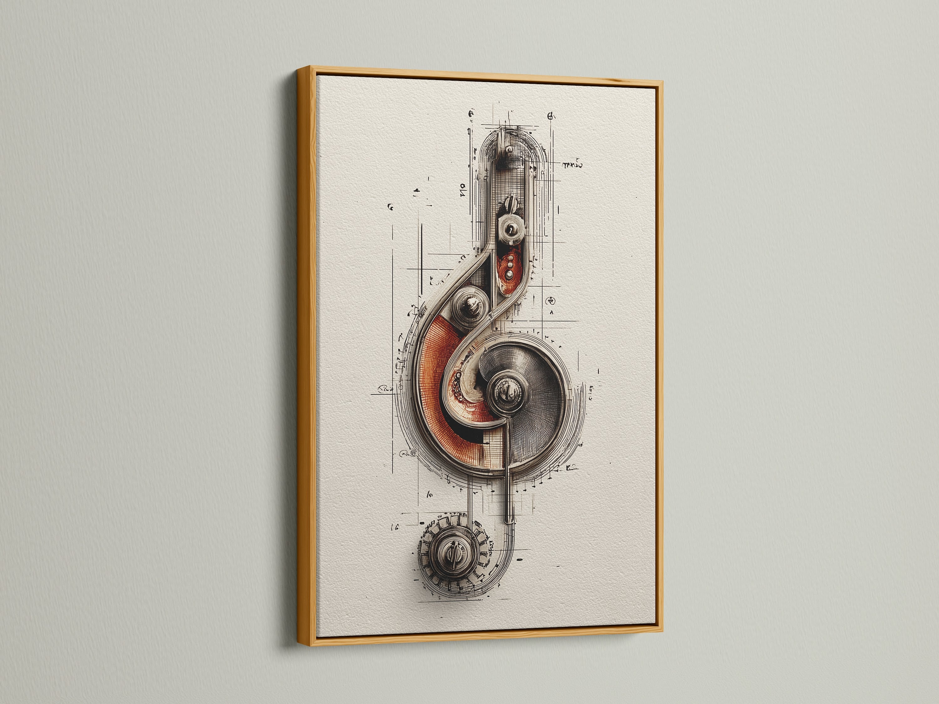A gold frame enhances the steampunk music note artwork. The mechanical treble clef wall art features industrial gears. This vintage drawing is perfect for music lovers. The gear artwork adds a touch of elegance to any space.
