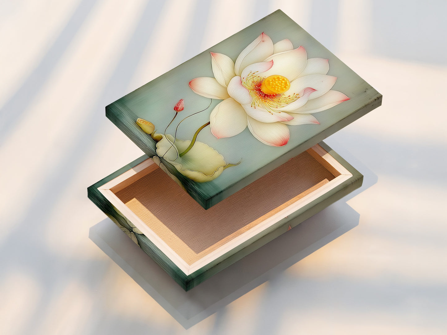 This is a stretched canvas print of the Lotus Flower artwork. The canvas showcases the intricate details of the floral print. Ready to hang and enjoy in any room. It brings a touch of nature and tranquility. Ideal for living rooms.