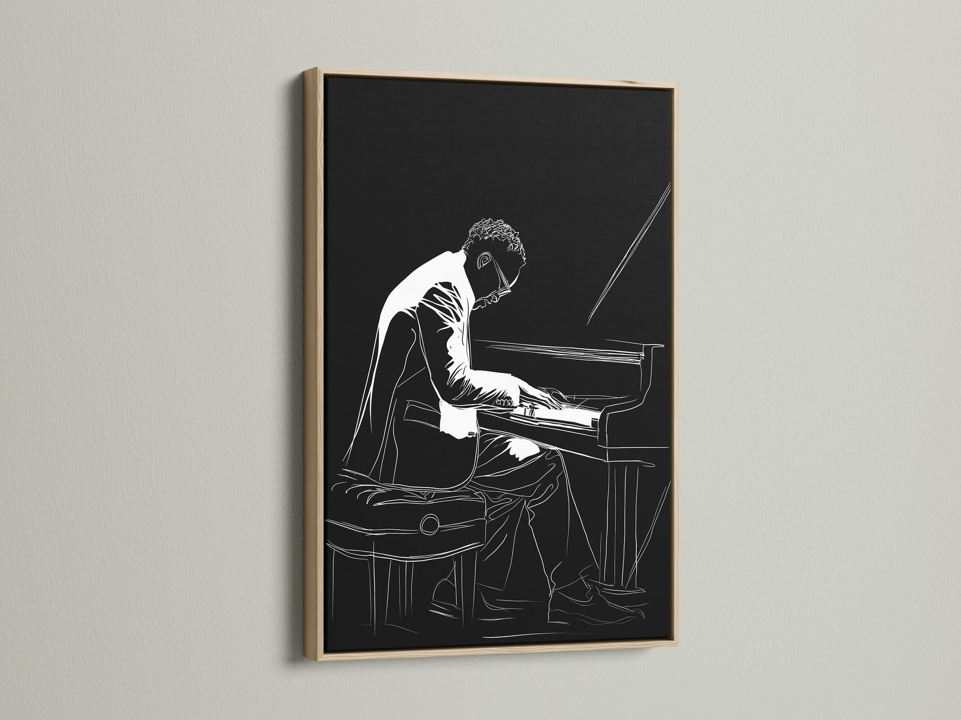 Experience the elegance of this framed piano player artwork. The jazz musician canvas wall art is presented in an oak frame. Add a touch of sophistication to your space. This black and white music wall decor suits any room.