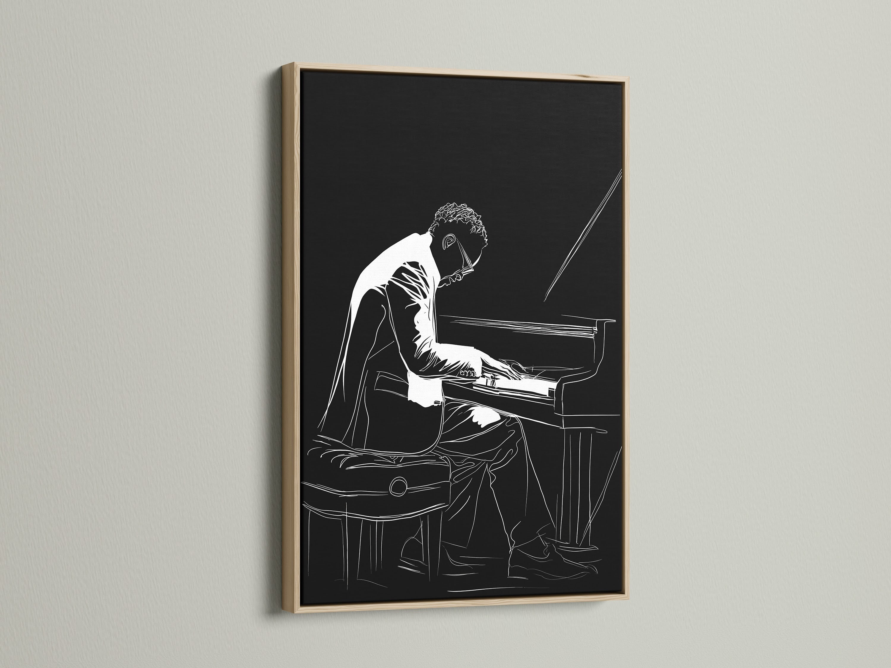 Experience the elegance of this framed piano player artwork. The jazz musician canvas wall art is presented in an oak frame. Add a touch of sophistication to your space. This black and white music wall decor suits any room.