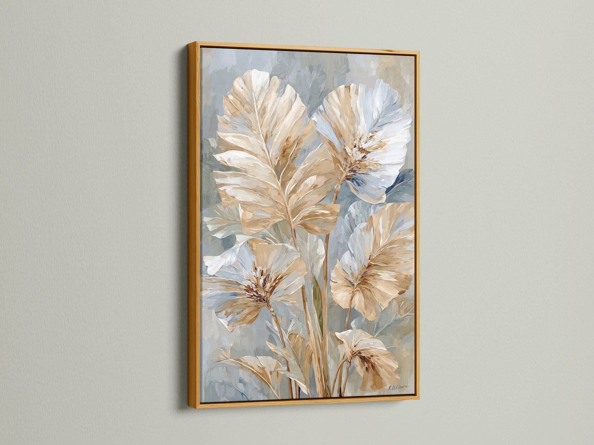 Beige and blue neutral floral art in a gold frame. The artwork is contemporary. It would look great in minimalist Scandinavian or contemporary spaces. This art is perfect for homeowners renters interior stylists and business owners.