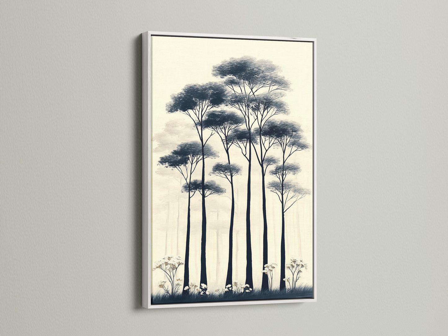 Brighten your space with minimalist wall art. This forest trees canvas print is showcased in a white frame. Its neutral tones and botanical art create a tranquil atmosphere. Perfect for Scandi decor and hallway wall art. This artwork brings simple elegance to any room.