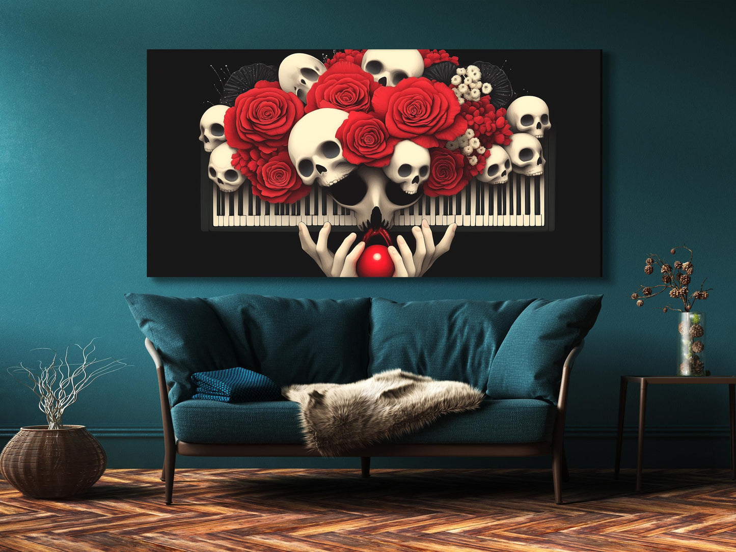 Gótico Piano Wall Art Skull and Roses Canvas estampado Floral Dark Floral Art Music Music Studio Decor Macabre Home Decor Music Lover regalo