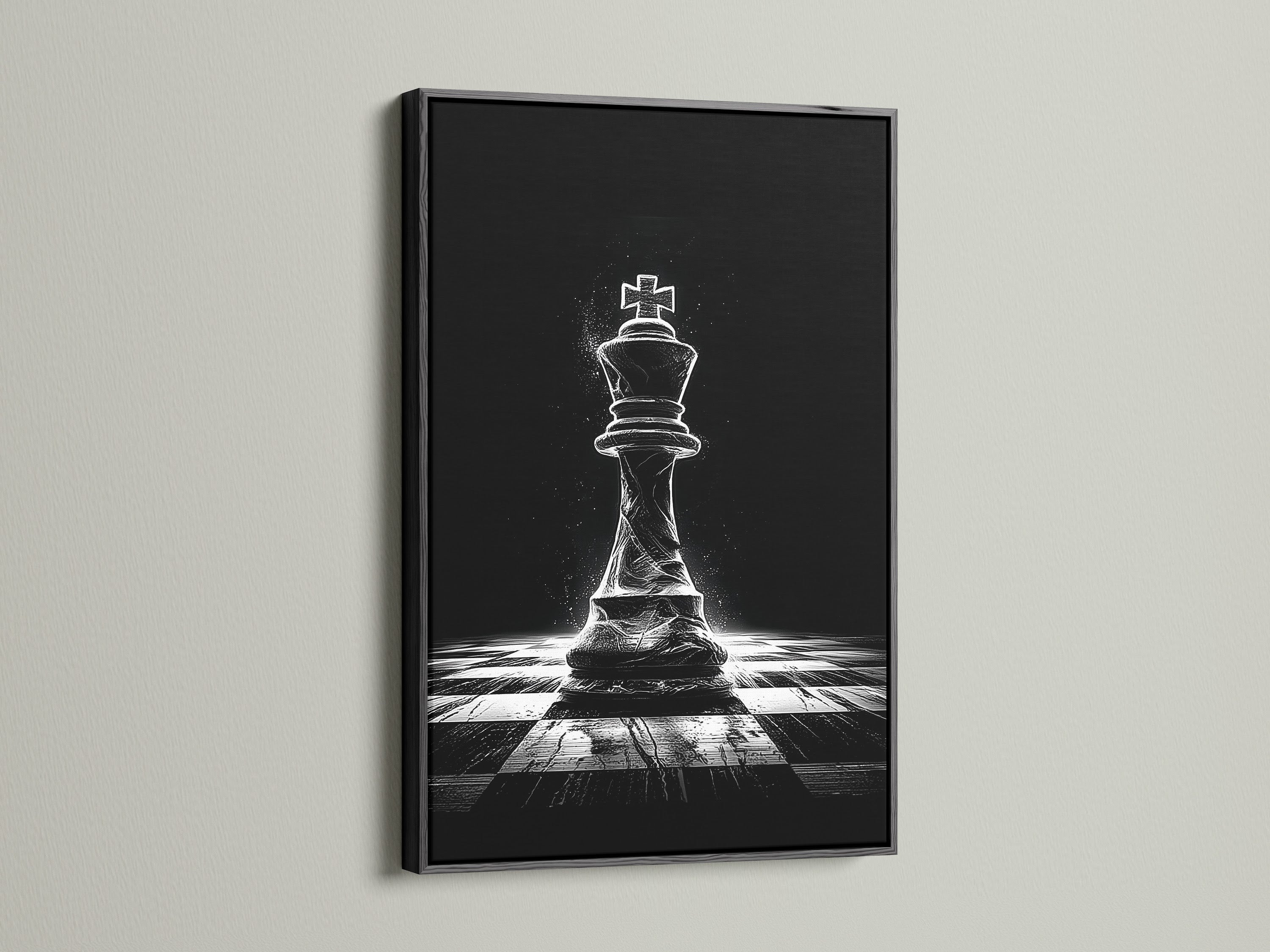 The black frame accentuates the chess artwork. This black and white strategy art piece is perfect for a game room. Business owners can use it in lobbies or boardrooms. The dark frame adds a bold touch.
