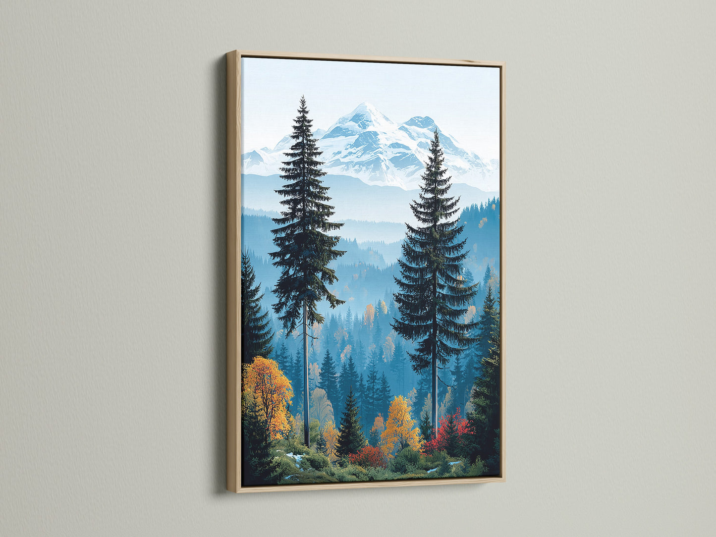 Mountain Forest artwork in an oak frame. The oak frame enhances the nature print. This landscape art adds a rustic touch. Perfect for living room wall art. Enjoy the beauty of a snowy mountain view.