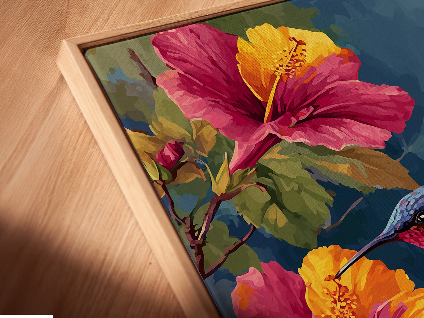An angled close-up shows a canvas print in a floating frame. The artwork features a hummingbird with hibiscus flowers. The floating frame gives a modern gallery look. It makes the art stand out. Discover our unique framing options.