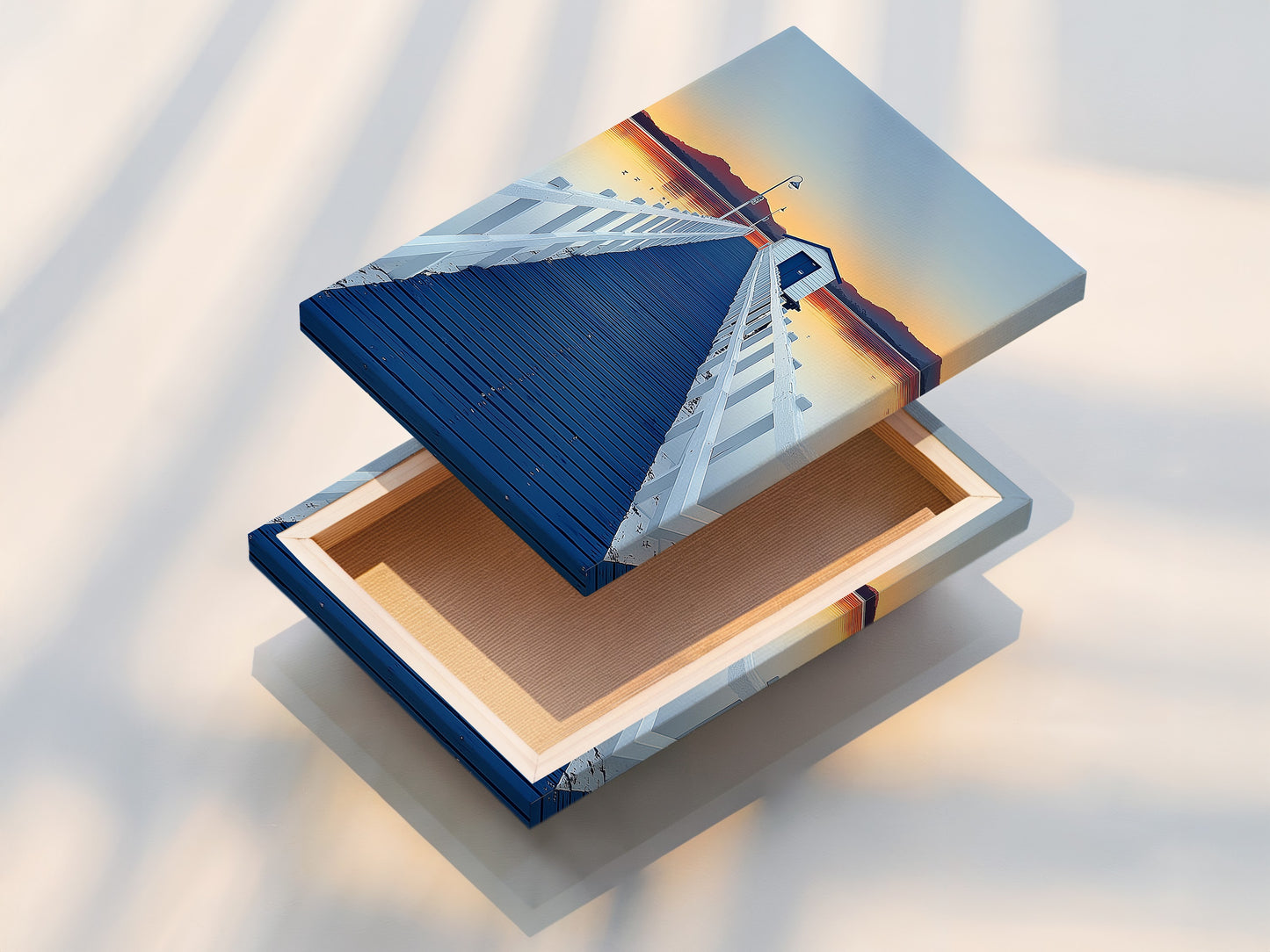 Dock sunset artwork transformed. This is a stretched canvas print. The stretched canvas print highlights the blue pier wall art. Add depth to your coastal scenery photography with this museum-quality piece.