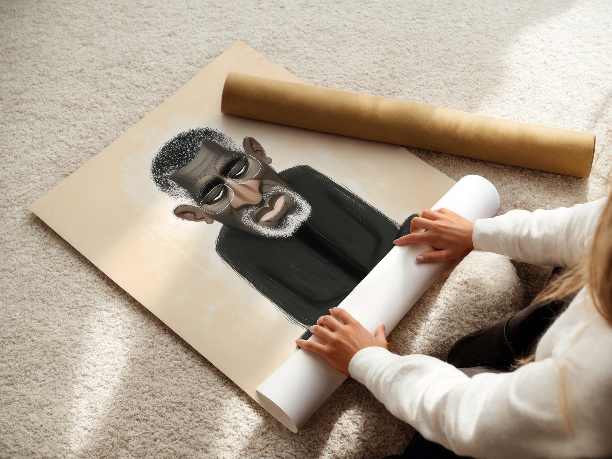 A woman carefully rolls a fine art poster paper. This highlights the care and quality of the art prints. The fine art poster paper ensures a beautiful and lasting artwork. It is ready to frame.