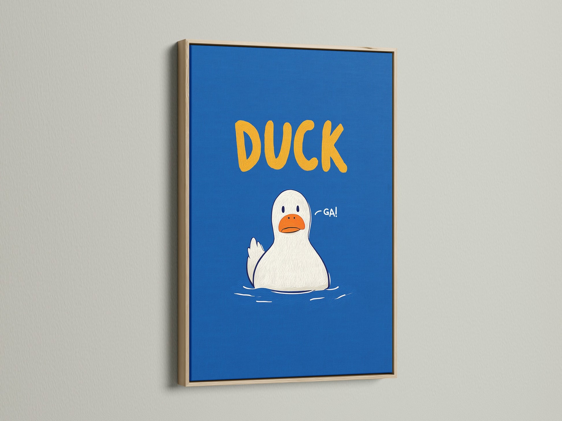 Duck Canvas Print with Oak Frame for a Nursery. This cute animal artwork adds a playful touch to any kids room. The blue and orange colors create a contemporary style. Perfect for nursery wall decor this funny duck artwork is a charming gift.