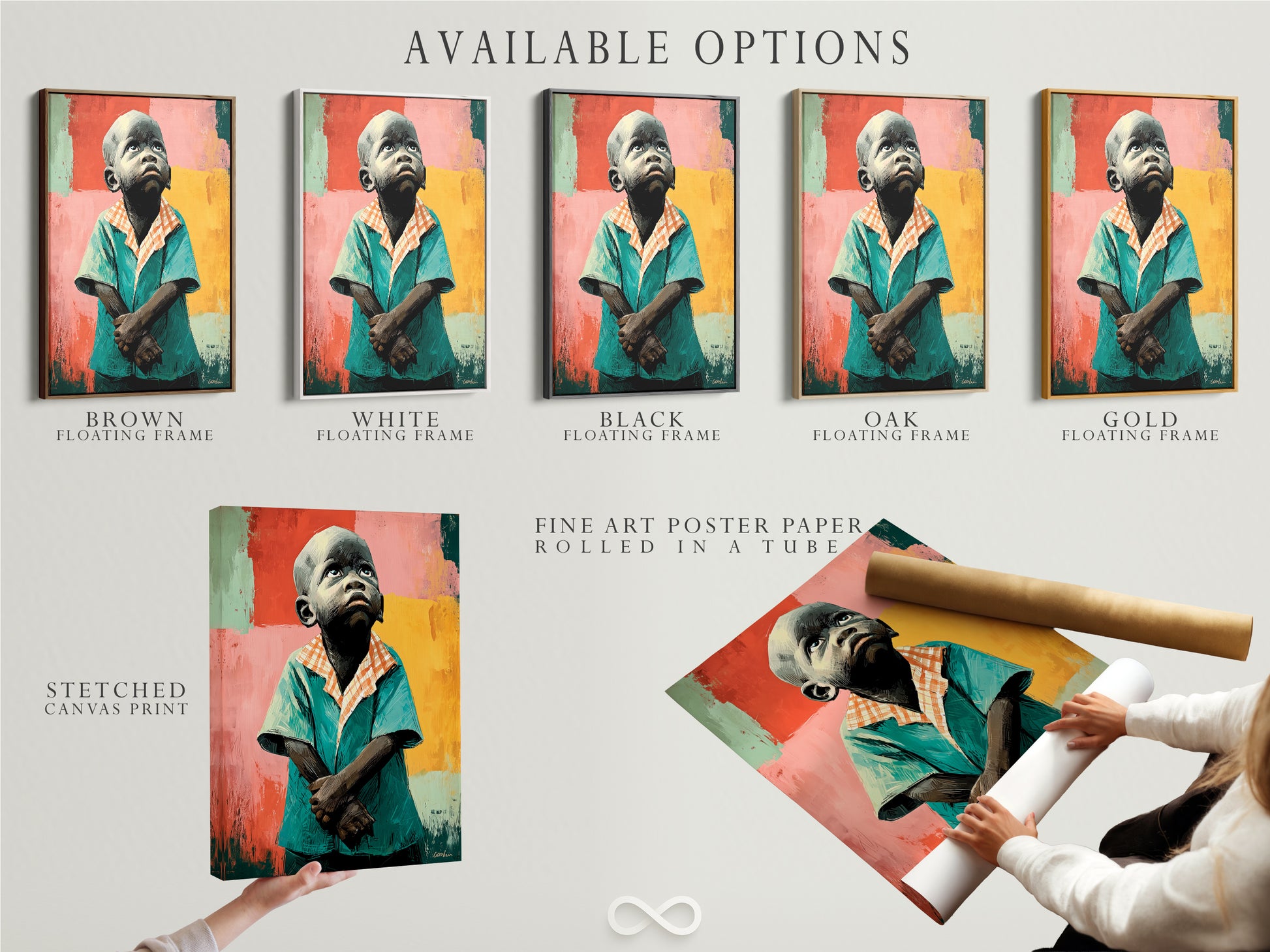 Available options for the Thoughtful Boy artwork are showcased here. Choose from a stretched canvas print fine art poster paper or a floating frame. Customize your emotional artwork to fit your style. These options enhance the teal and coral wall art. Find the perfect fit for your study room decor.