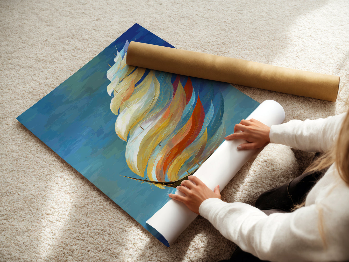 A woman rolls a fine art poster paper featuring abstract sailboat artwork. This high-quality nautical print is ready for framing. The poster paper showcases the vibrant colors of the art. This fine art poster is ideal for coastal-themed decor. Enjoy museum-quality artwork in your home.