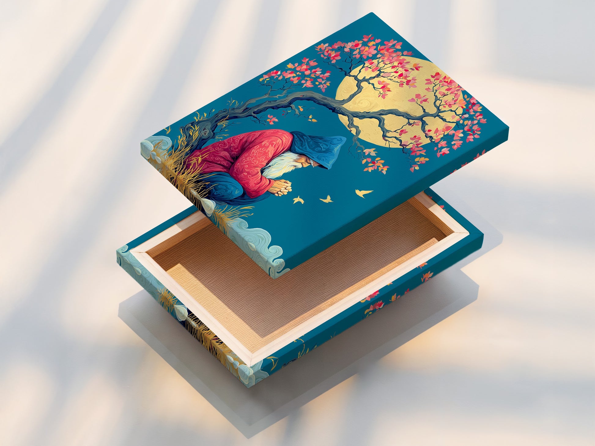 Stretched canvas print showcasing a Wizard Canvas Print. This mystical tree wall art enhances meditation room decor. It's spiritual magic wall art and zen artwork. This serene art print is calming wall art. Blue and gold art creates a fantasy gift in mythical decor for modern homes.