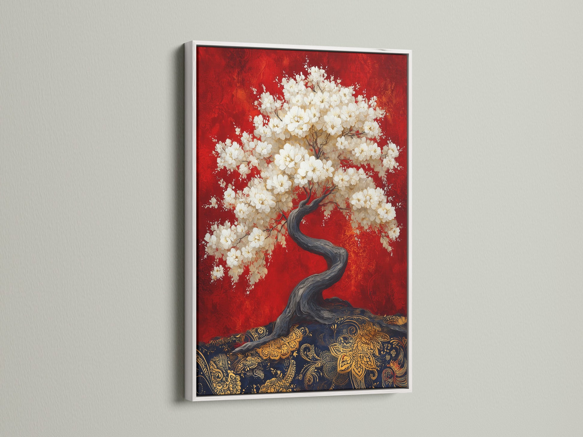 A serene cherry blossom tree artwork is elegantly framed in white. The bonsai tree print adds a touch of nature canvas art to your living space. This Asian art print is perfect for creating a calming zen wall decor. It is ideal for enhancing bedroom wall decor with its red and gold hues.