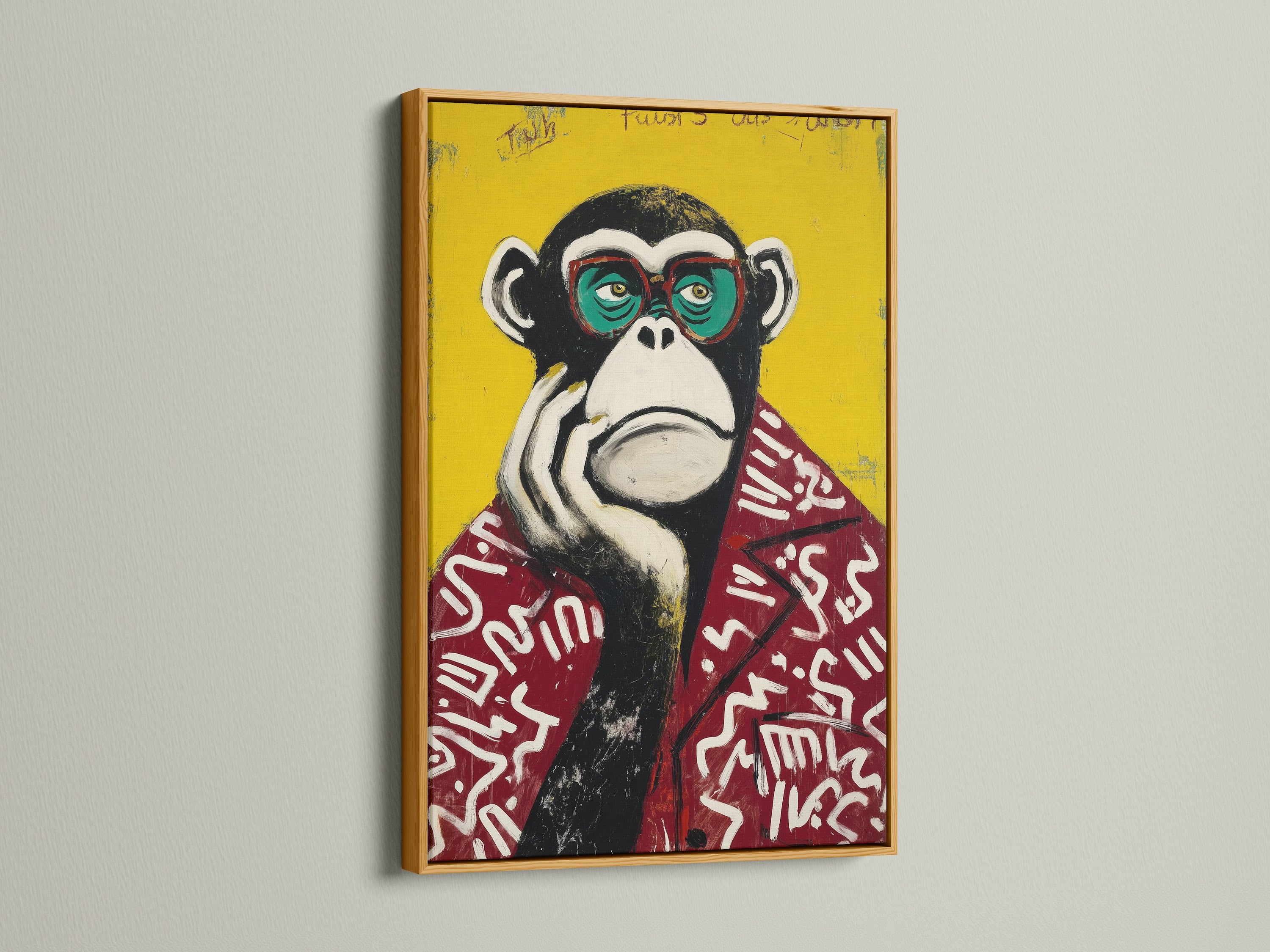 Funky monkey art print in a gold frame. The pop art primate canvas art features a colorful animal artwork. It is perfect for adding a touch of glam to any space. The gold frame enhances the contemporary art. This animal wall decor is ideal for quirky cafes or creative studios. Transform your space with this modern pop art.