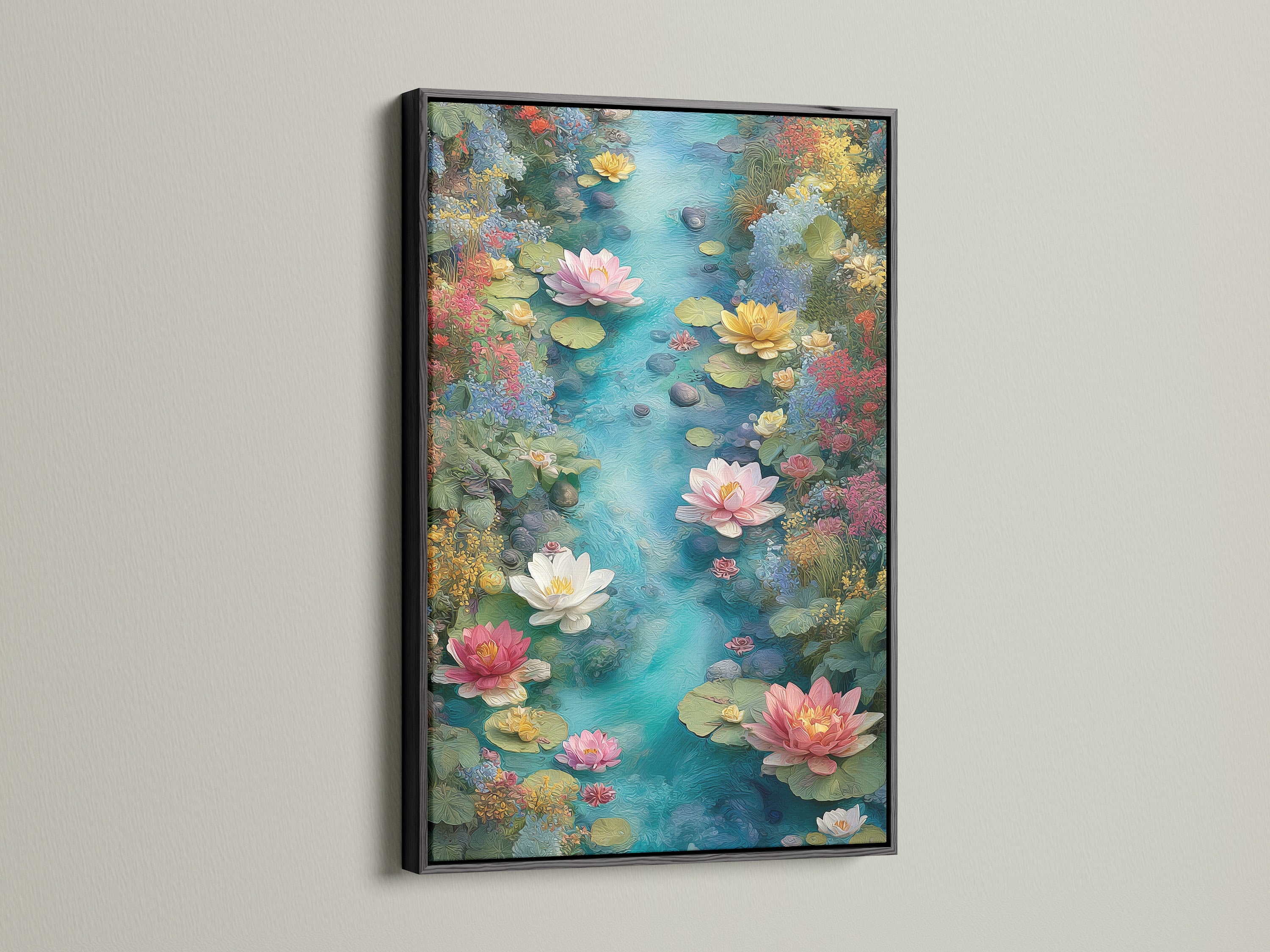 Enhance your decor with the Water Lily Canvas Print in a sleek black frame. This pond art is perfect for creating a zen space in your home or wellness center. Enjoy the calming presence of this nature canvas.