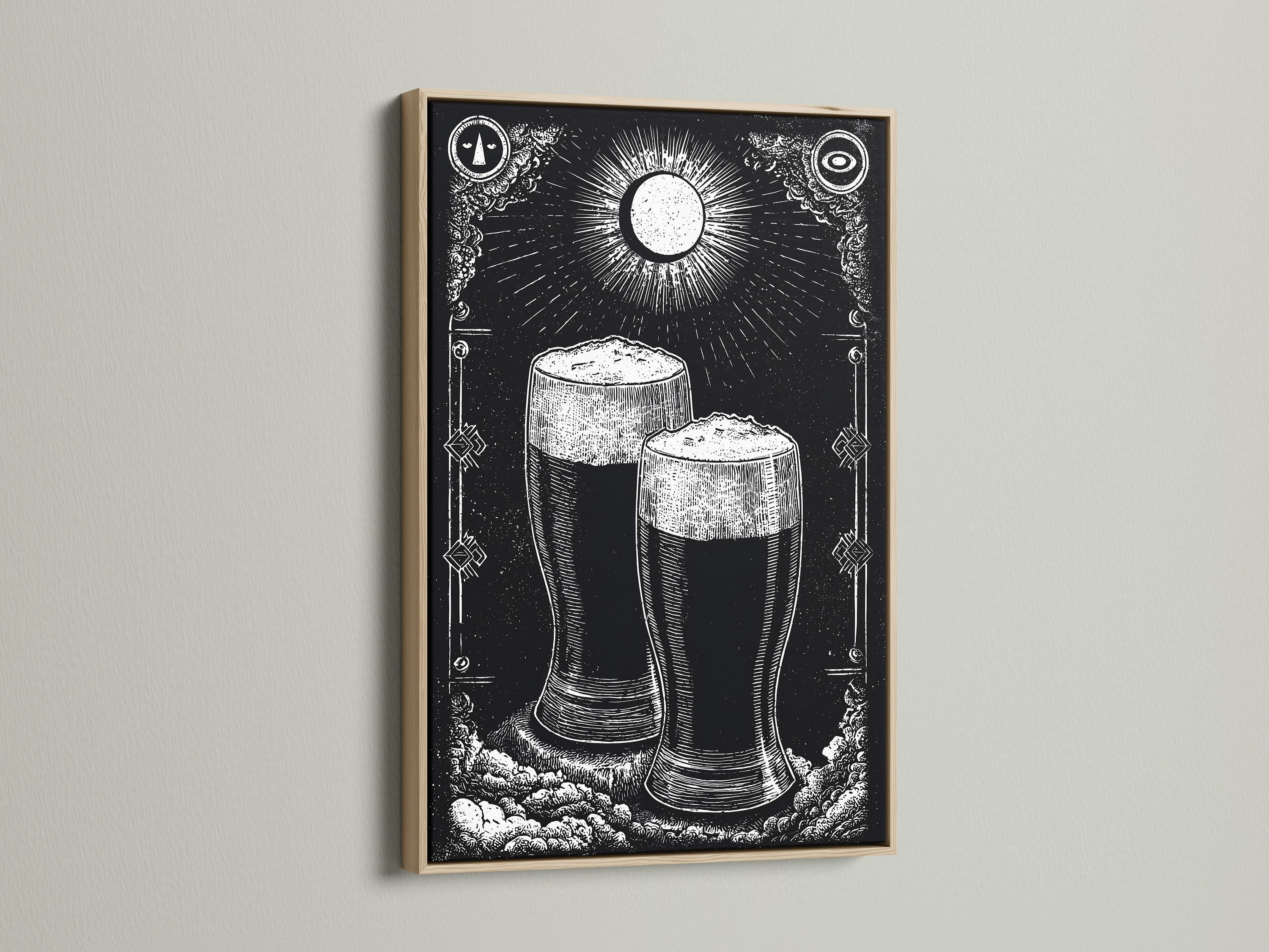 Oak frame showcasing captivating artwork. The art depicts two glasses of dark beer beneath a radiant moon. The black and white illustration offers a timeless look. Add a touch of elegance and charm to your living space with this framed piece.