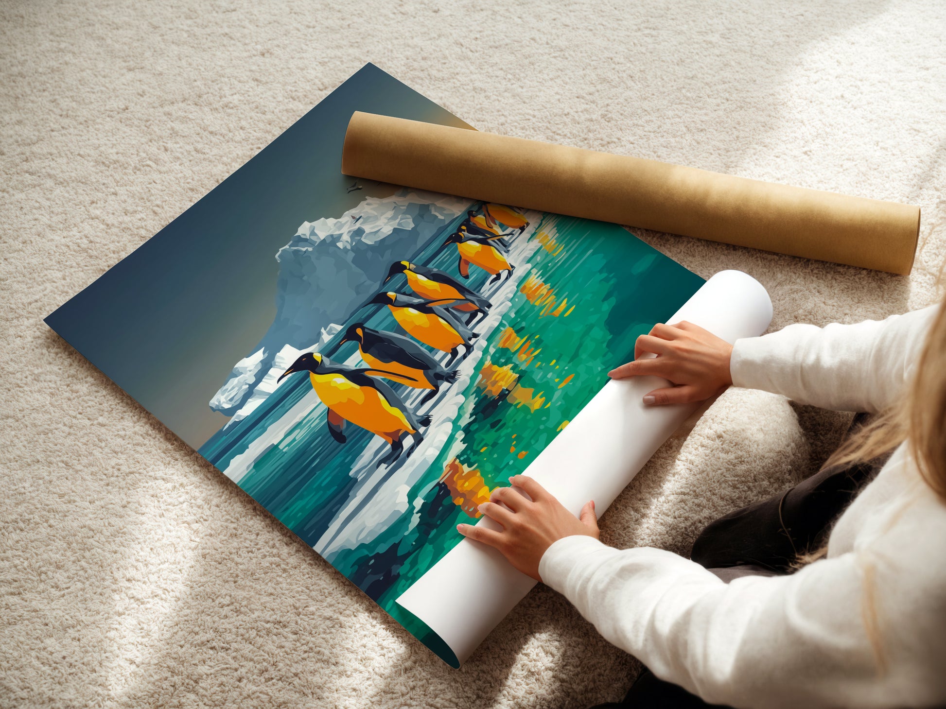 A woman is rolling a fine art poster paper. This penguin arctic canvas print is ready to be framed. The iceberg wildlife wall art is perfect for kids room decor. This artwork brings the beauty of antarctic animals into your home. It suits coastal styles