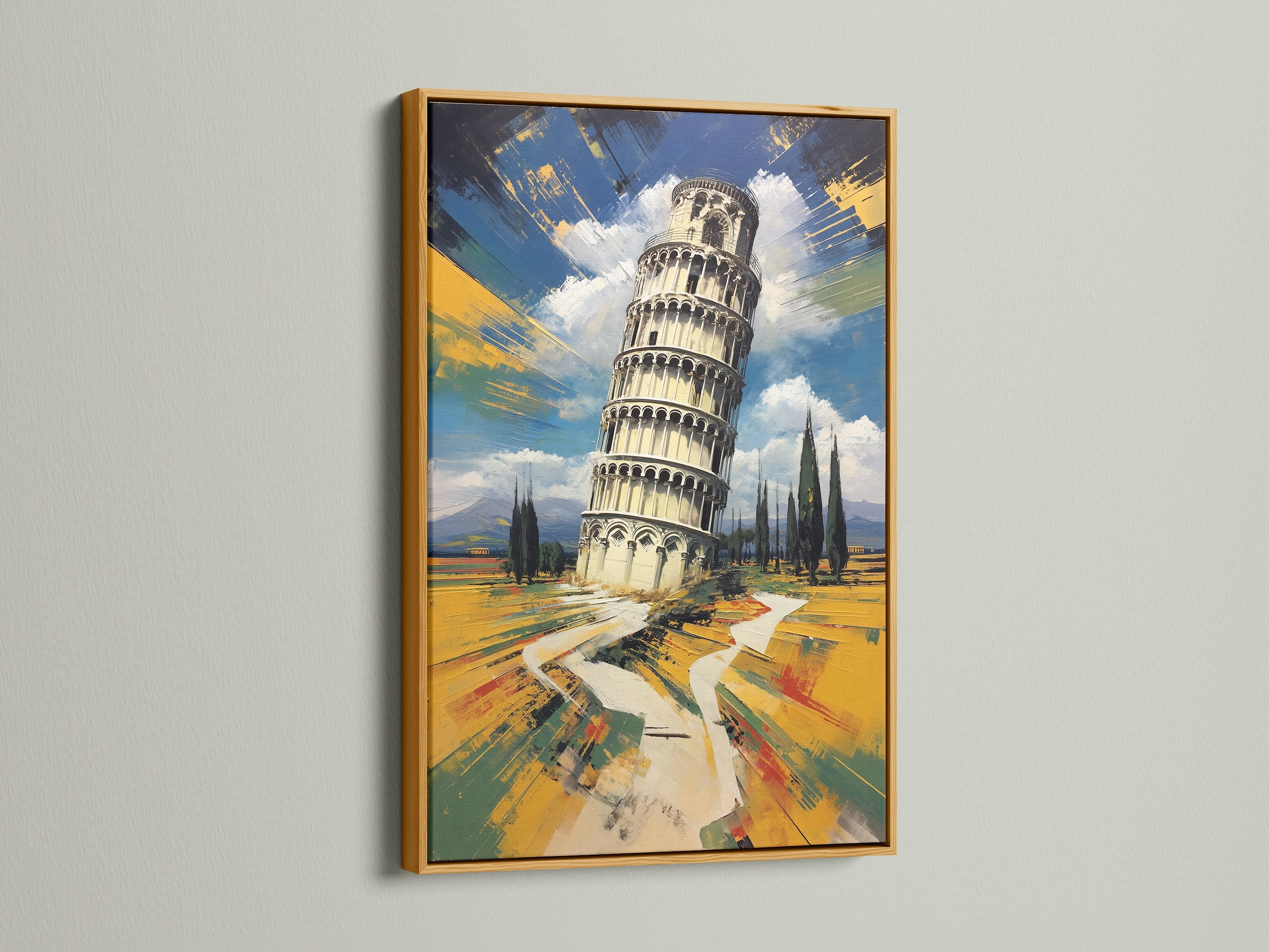 Add a touch of luxury with leaning tower artwork in a radiant gold frame. This travel wall decor brings warmth to your walls. It is ideal for homeowners and business owners.