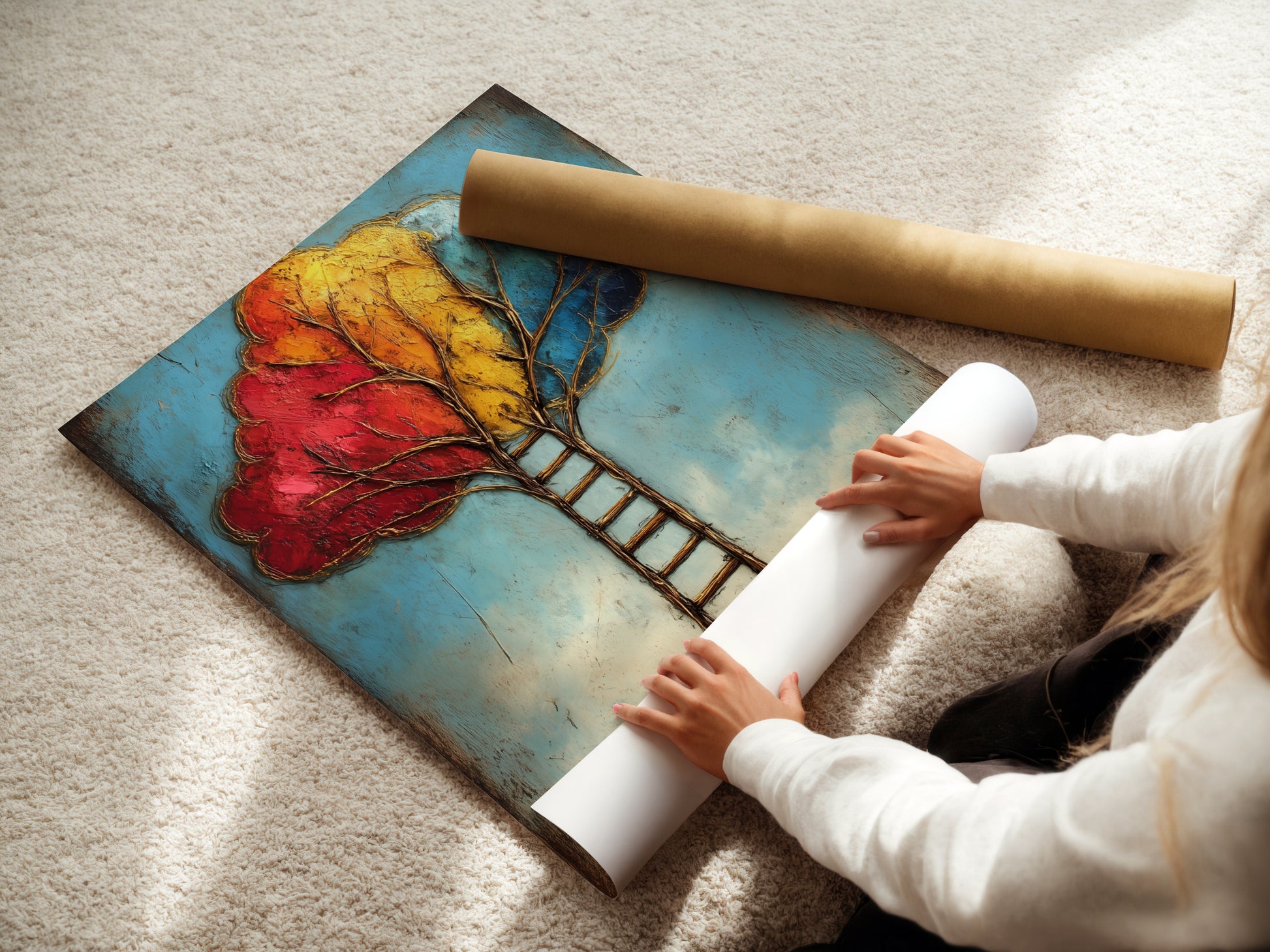 A woman is carefully rolling a fine art poster paper. The paper features the Colorful Ladder Tree Art. This allows for easy handling and framing. Bring this inspirational artwork into your home or office with this high-quality fine art poster.