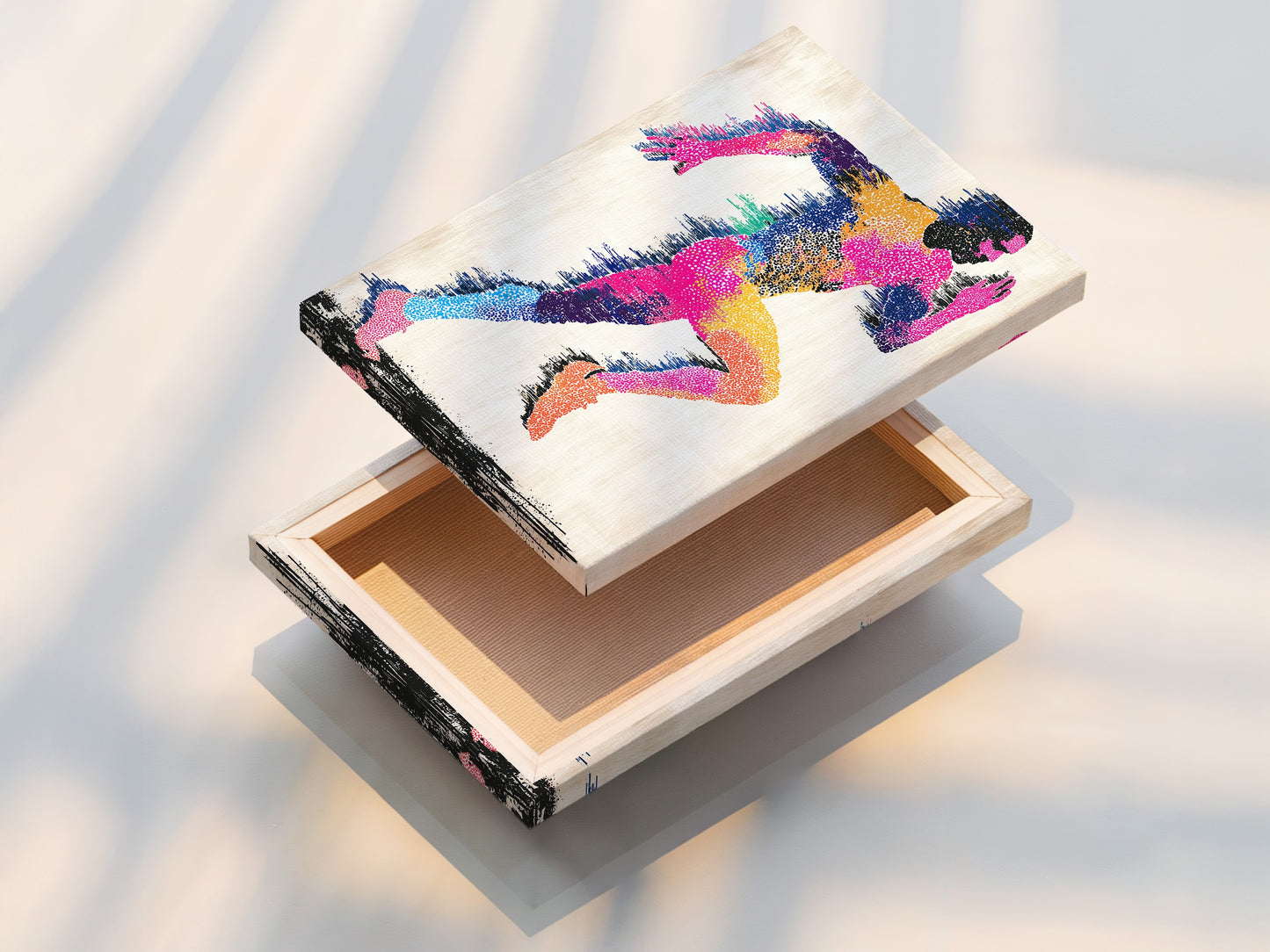 A stretched canvas print is displayed. The artwork features a colorful abstract figure of a runner. The canvas is stretched and ready to hang. The canvas print provides a gallery-quality look. The artwork is vibrant and eye-catching.