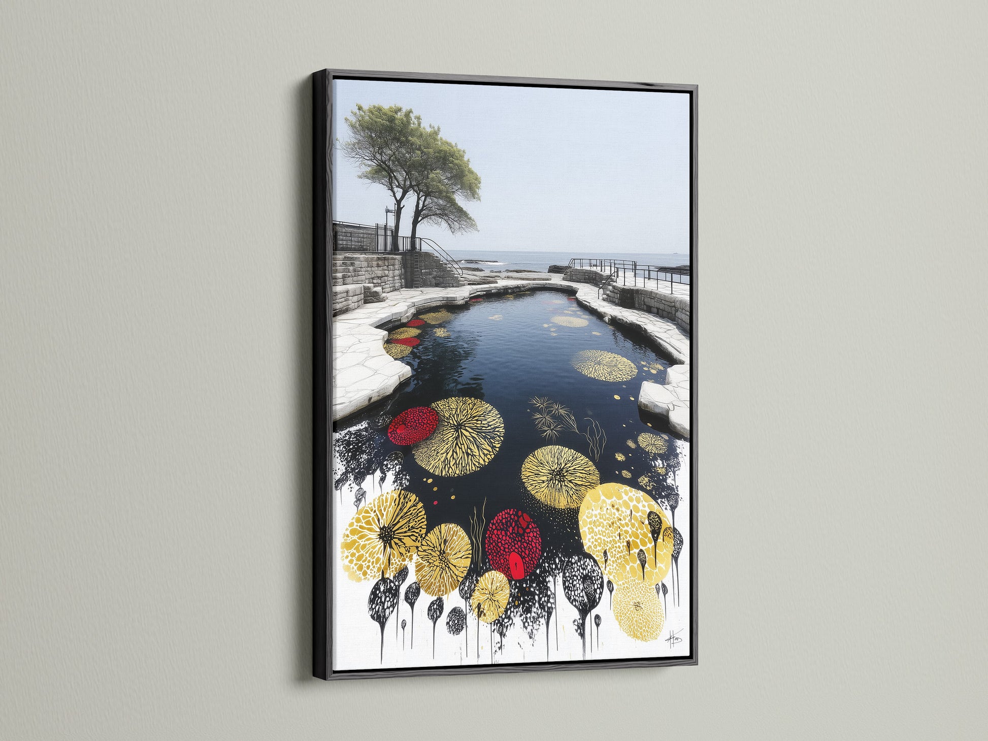 A sleek black frame provides a modern and bold display. The black frame accentuates the Koi Pond Canvas Print. The artwork becomes a focal point. This style suits contemporary and polished spaces beautifully