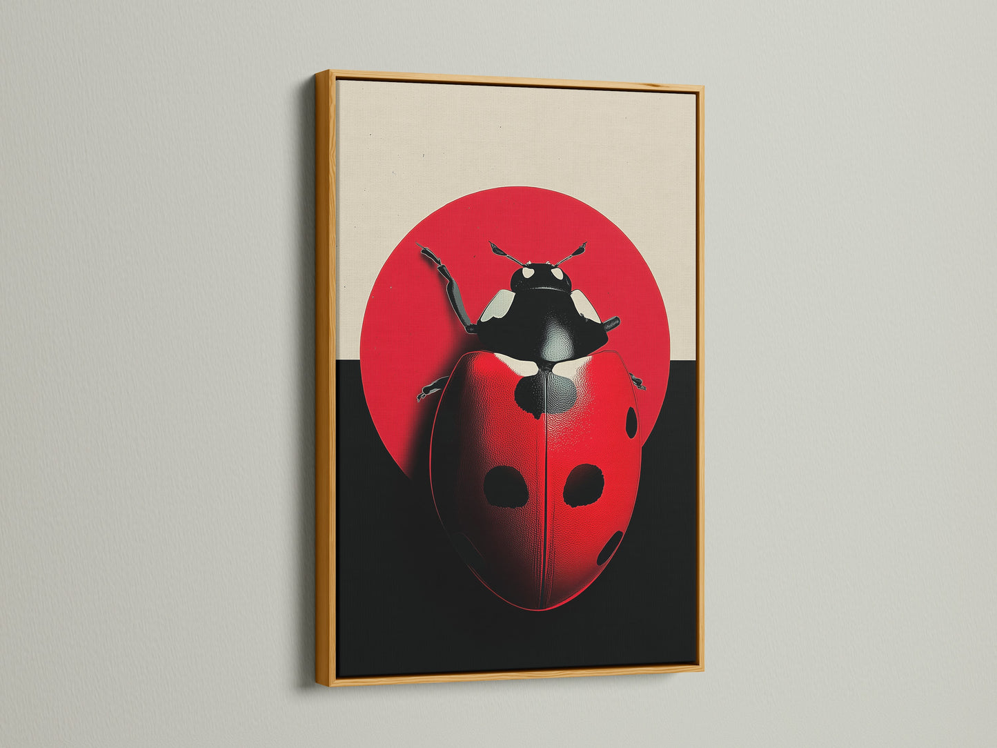 Gold frame displaying ladybug art print. This red insect wall decor is perfect for a playful playroom. The beetle canvas art offers a modern twist. A cherished gift for entomologists. Discover nature illustrations and bug artwork. Gold frame adds a touch of elegance.