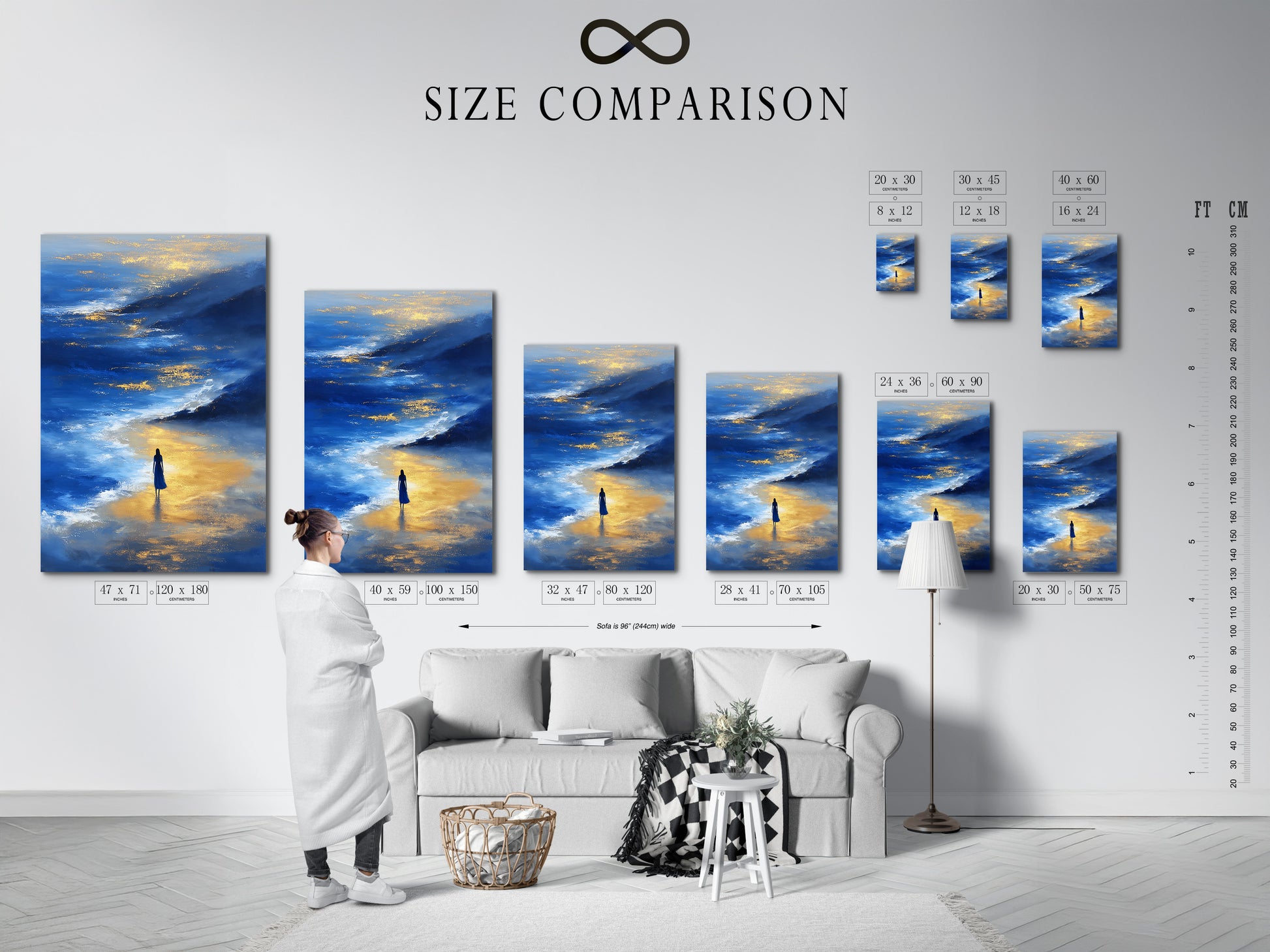 A size comparison chart is displayed in an interior setting. It shows various sizes of the Ocean Reflection artwork. See how the blue and gold abstract seascape print fits in different spaces. Visualize the perfect size for your coastal wall decor.