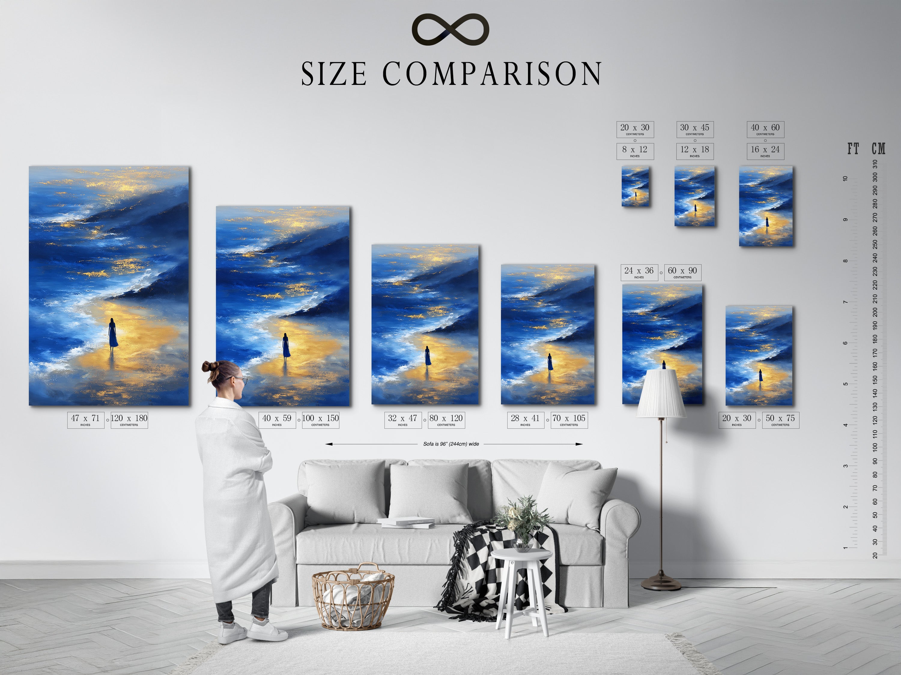 A size comparison chart is displayed in an interior setting. It shows various sizes of the Ocean Reflection artwork. See how the blue and gold abstract seascape print fits in different spaces. Visualize the perfect size for your coastal wall decor.