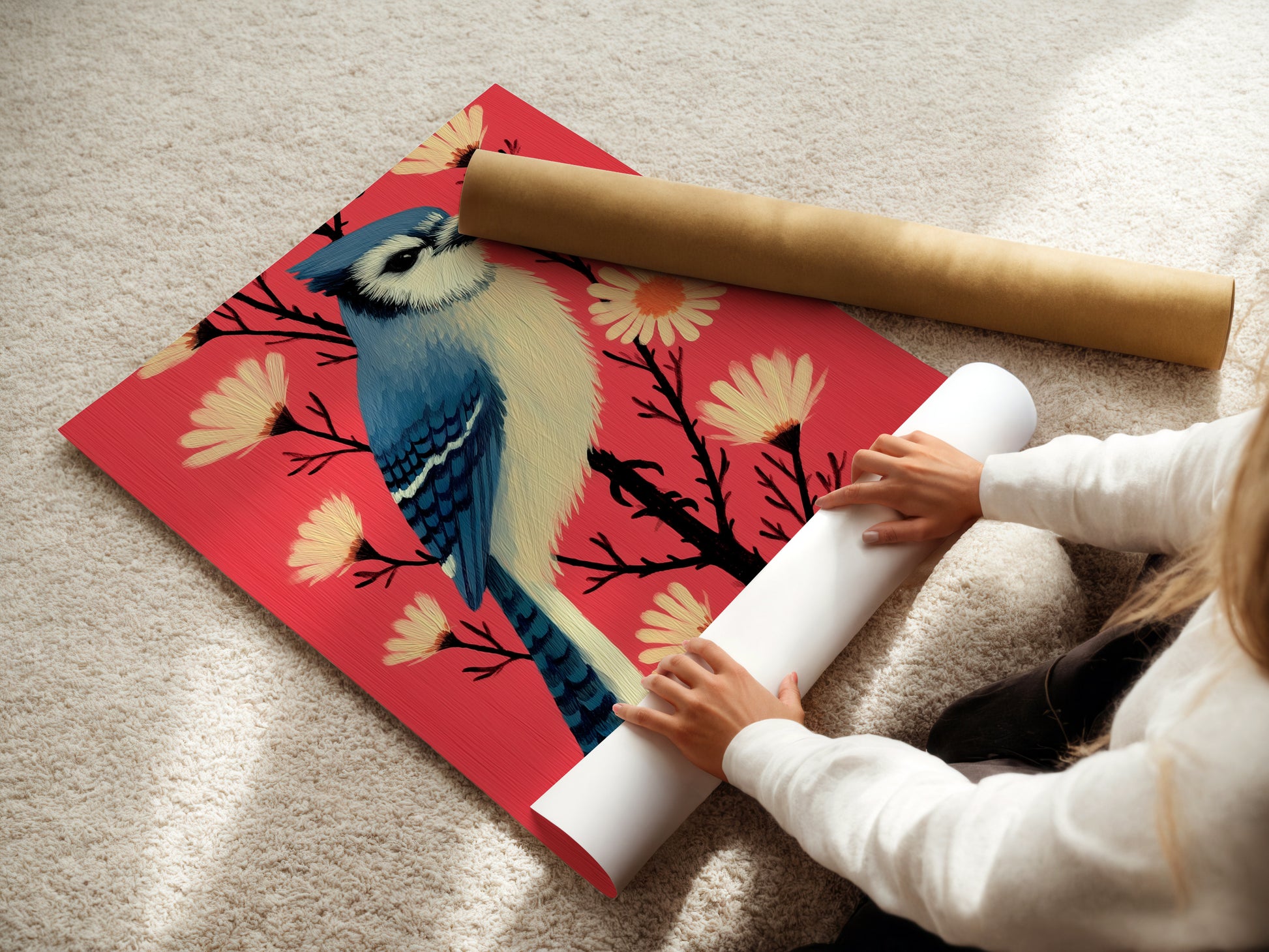 A woman is carefully rolling a fine art poster paper print of blue jay art. The artwork features a blue jay bird and coral pink flowers. This fine art poster paper is a high quality option for art lovers.