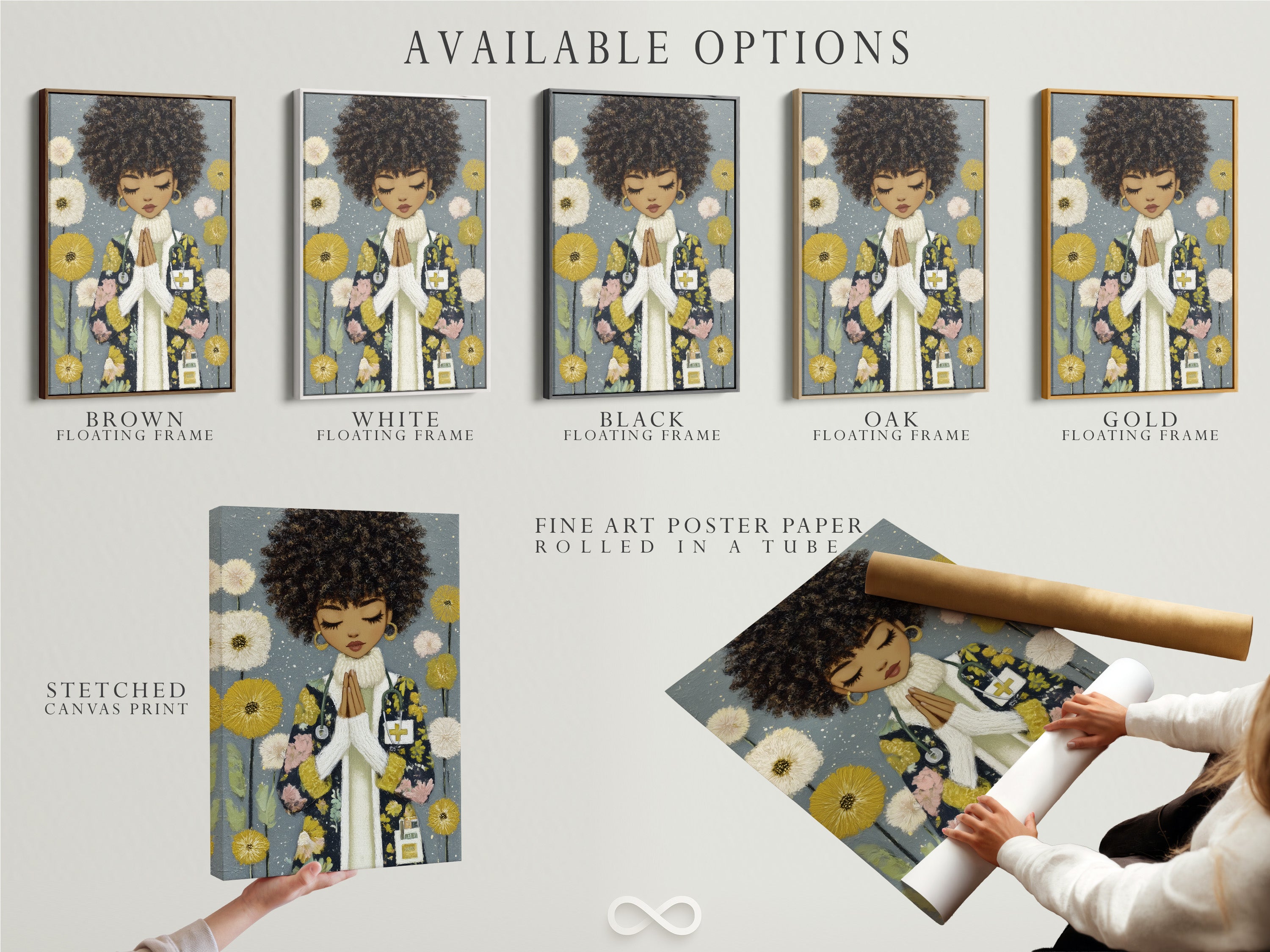 Available options include a stretched canvas print a fine art poster paper and a floating frame. The Black Girl Prayer Art Print suits any style. Select the perfect format for your afrocentric print today. Enhance your space now.