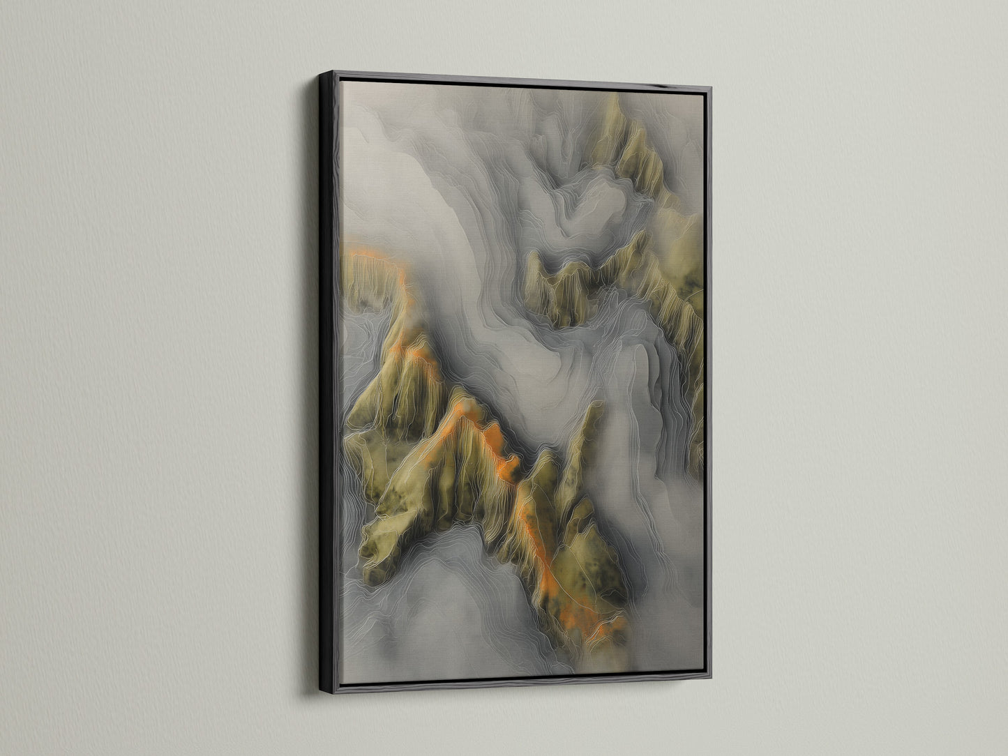 Black frame art. The artwork presents a topographical map with sharp definition. The black frame adds a bold. It creates a sophisticated border. This contrast emphasizes the artwork's features. It draws the viewer's eye.