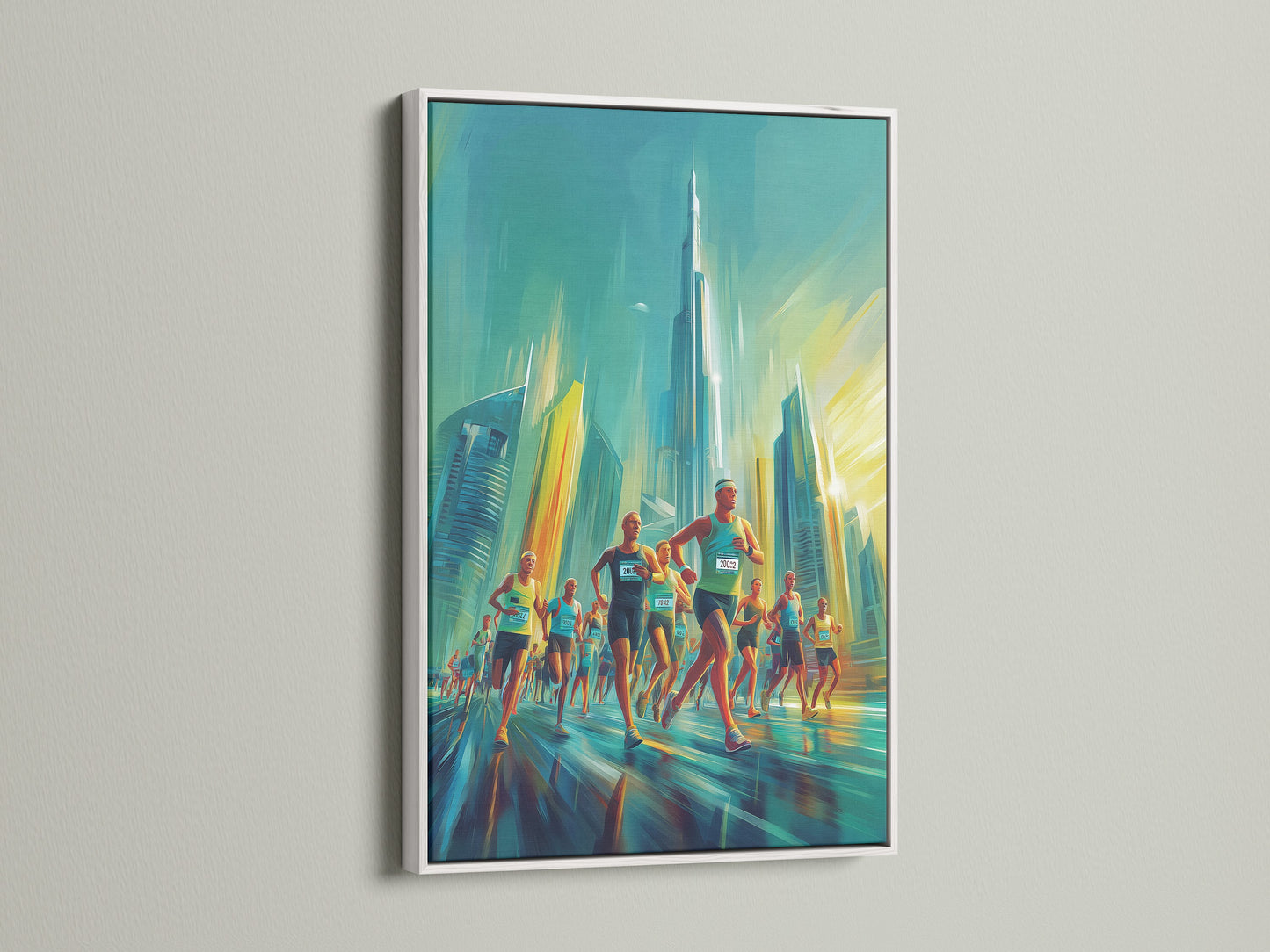 Artwork presents a marathon race set against towering skyscrapers. A clean white frame surrounds the art. The white frame offers a modern touch to the art. This framed artwork brings a fresh aesthetic. Order your white framed artwork now