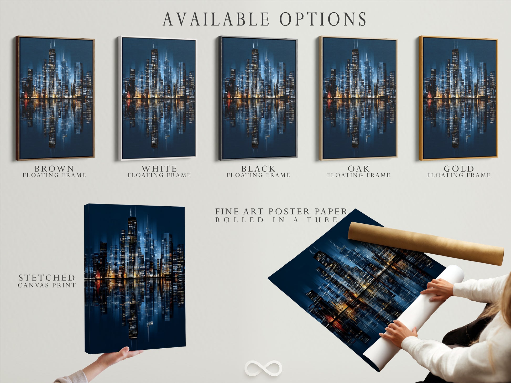 Explore available options for the Chicago skyline artwork. Choose from a stretched canvas print fine art poster paper or floating frame. Find the perfect style to complement your modern city print. Elevate your urban photography.