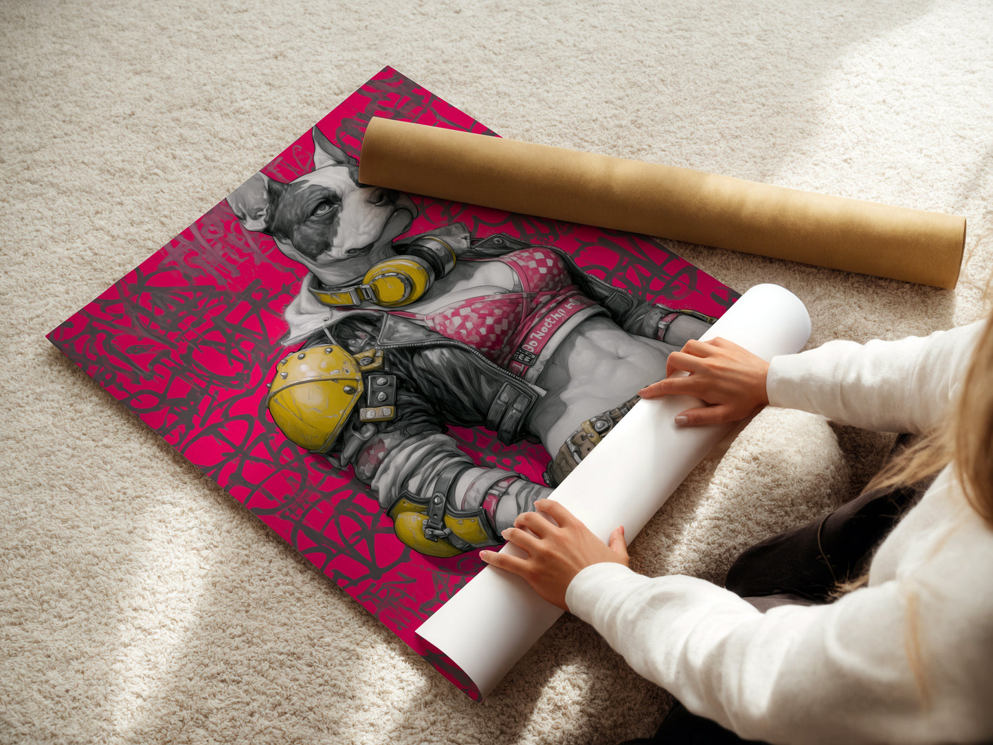 A woman rolling a fine art poster paper. The Cyberpunk Dog artwork is a futuristic French Bulldog. This neon pink street art is perfect for modern wall decor. Ideal for adding a bold statement to any home. This print is a great gift for art lovers.