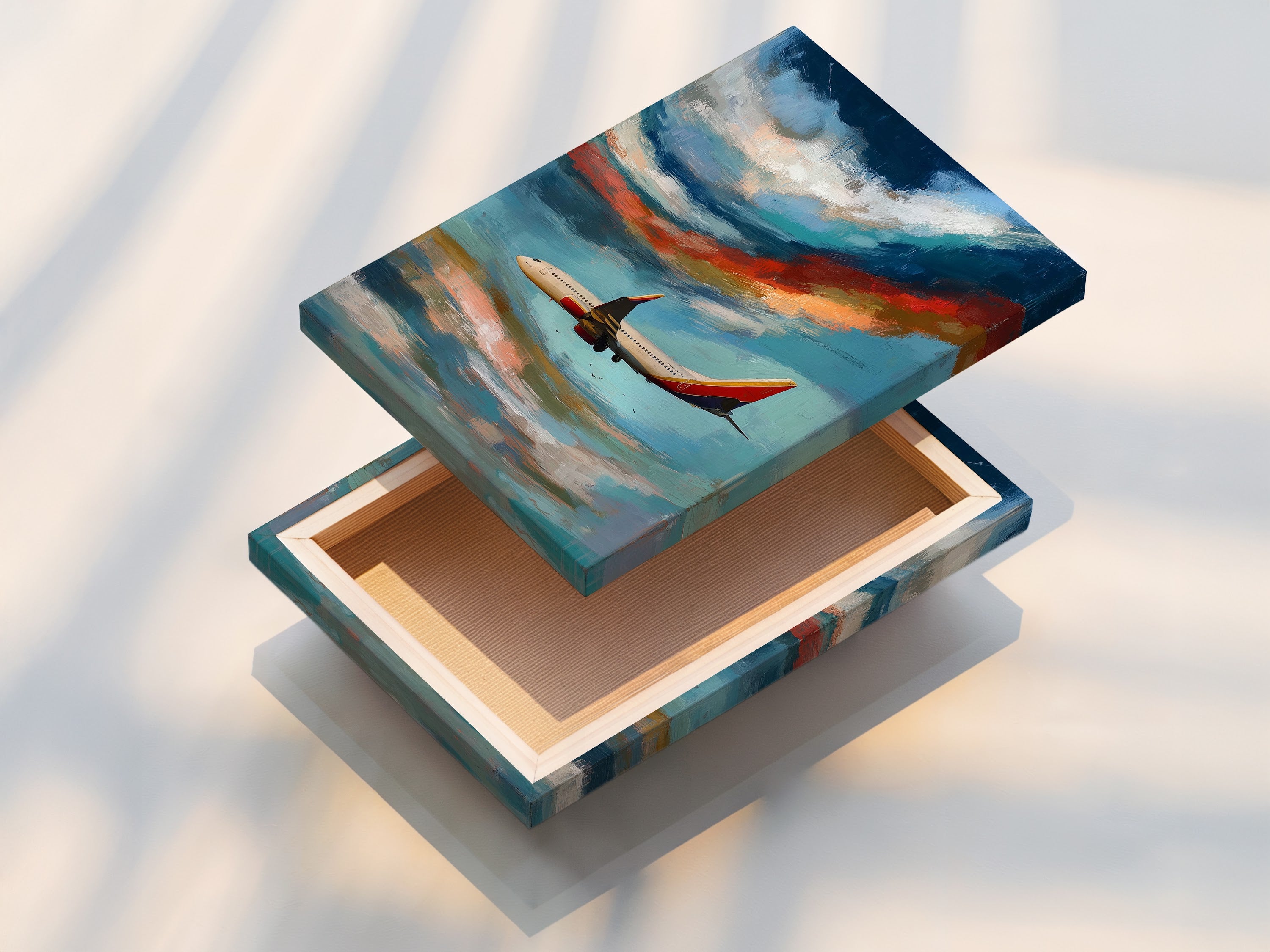 Stretched canvas print of an airplane artwork. This aviation print is ready to hang. It features a stunning sky and cloudscape painting. Ideal for adding a modern touch to any office or home. Perfect for pilots and aviation enthusiasts.