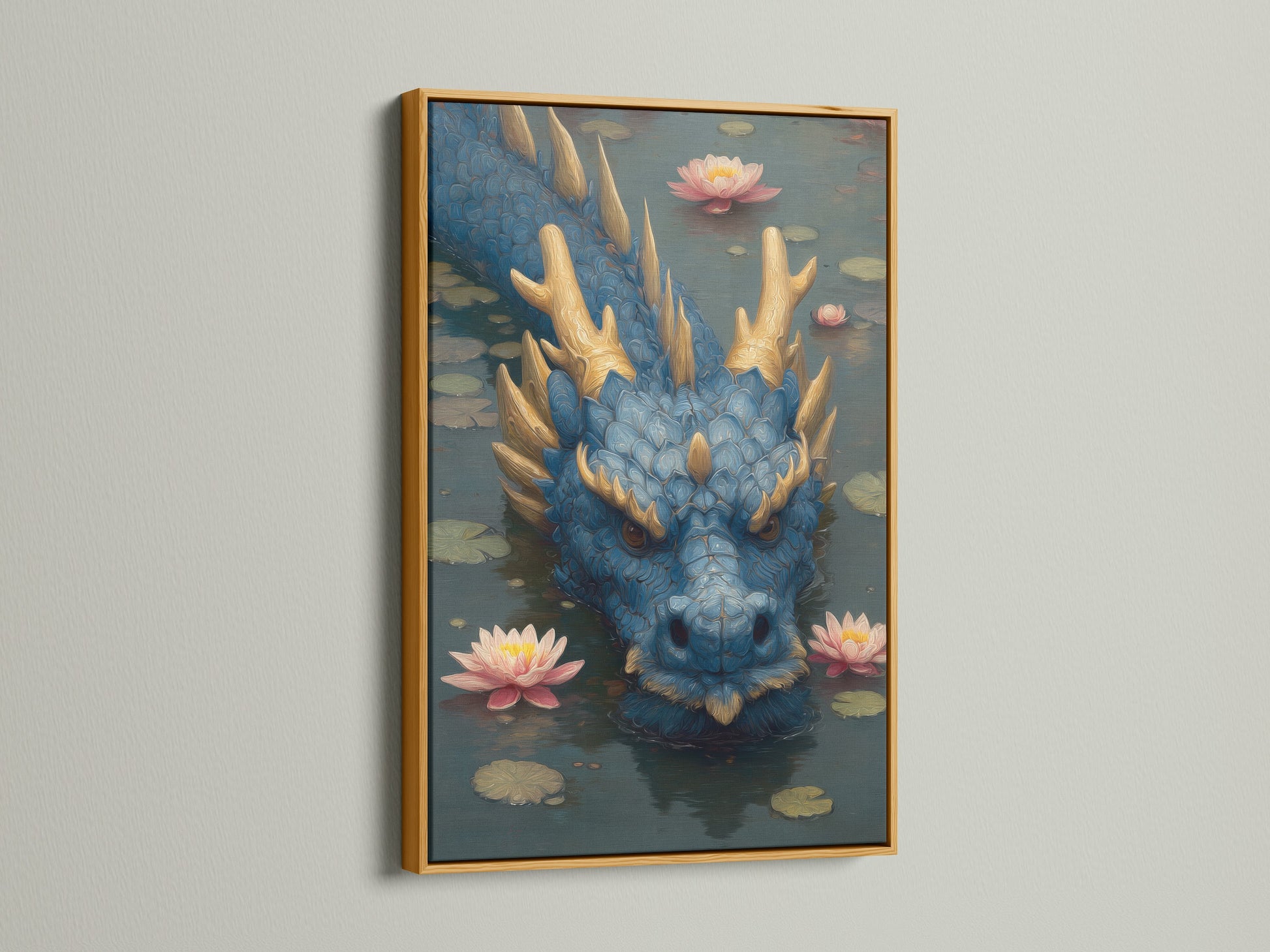 A blue dragon artwork is displayed in a luxurious gold frame. Pink lotus flowers surround the dragon in the pond scene. The gold frame enhances the art's richness. Transform your space with our exquisite framed art.