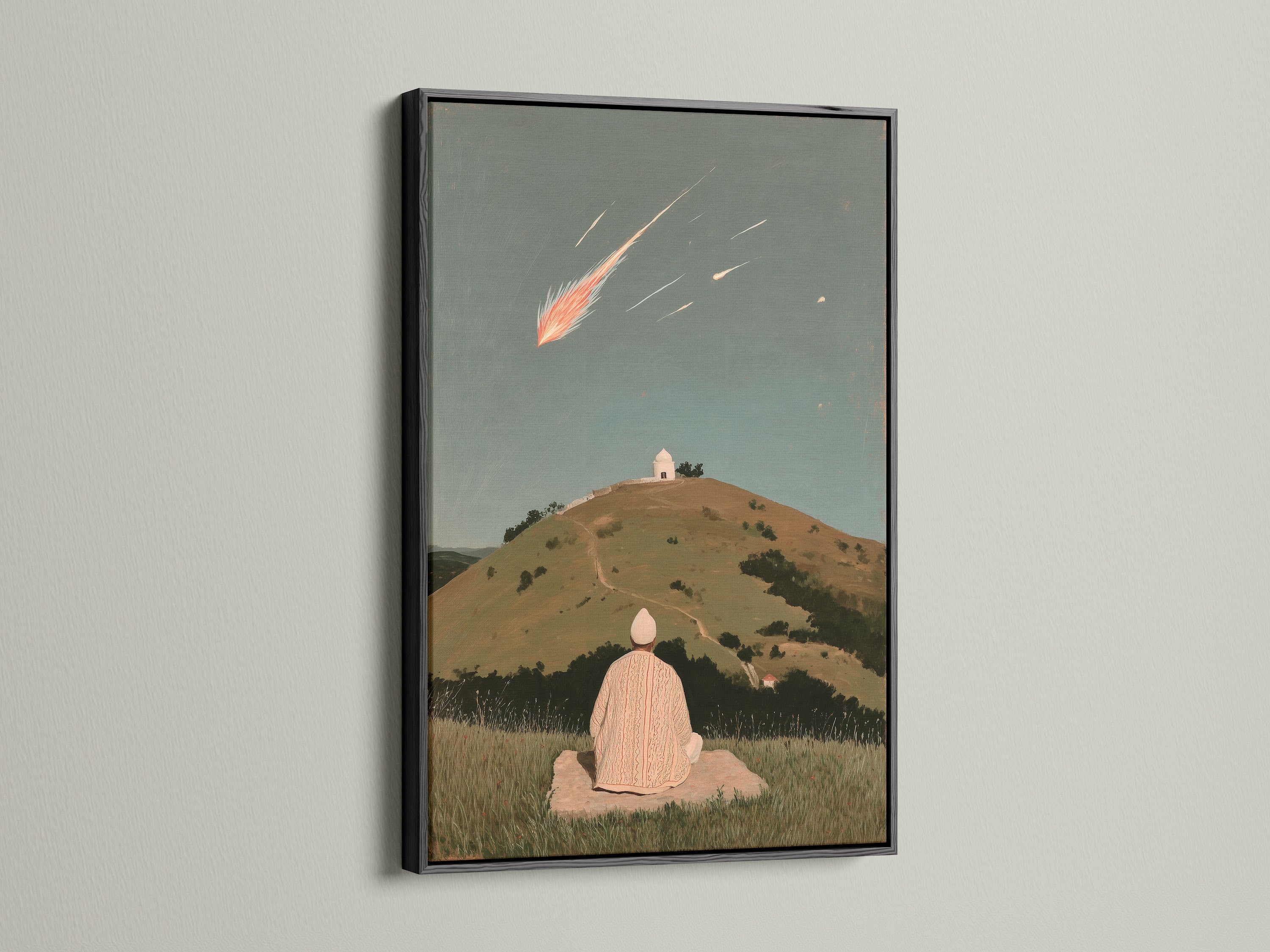 Shooting Star Canvas Print with a black frame. This celestial wall art is perfect for your home. It shows a seeker in a spiritual landscape. The print adds a zen touch to any room. This art is ideal for meditation decor. It offers a cosmic view and peaceful inspiration.