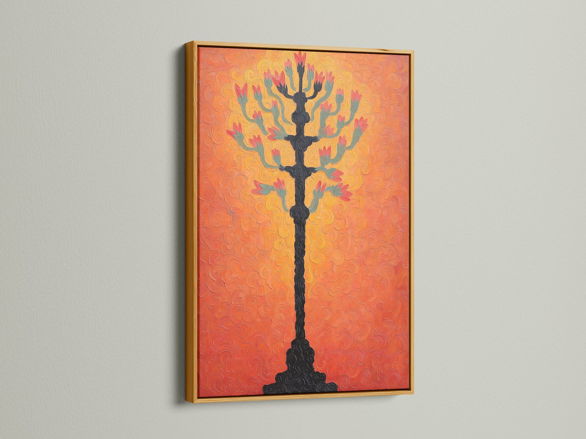 Botanical tree art print with a textured coral wall art background displayed within a gold frame. The gold frame adds a touch of elegance to any space. This artwork is perfect for modern home art. Spruce up your walls today.