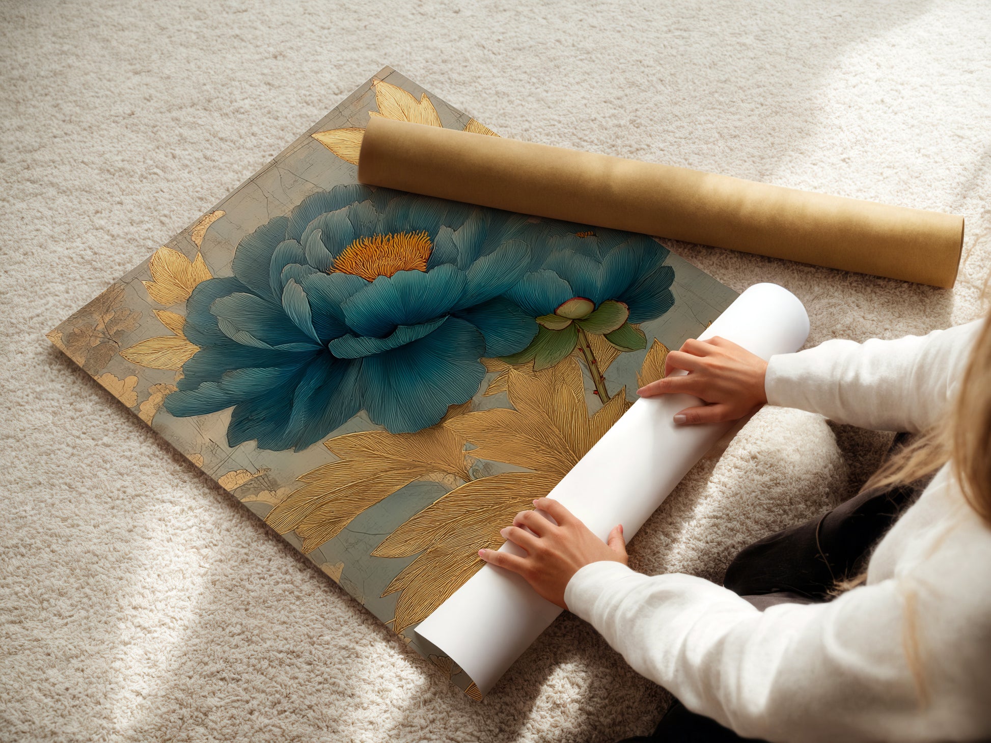 A woman is rolling a fine art poster paper. The poster paper is high-quality and archival. Fine art poster paper is ideal for prints. The rolled poster paper will be shipped in a protective tube.