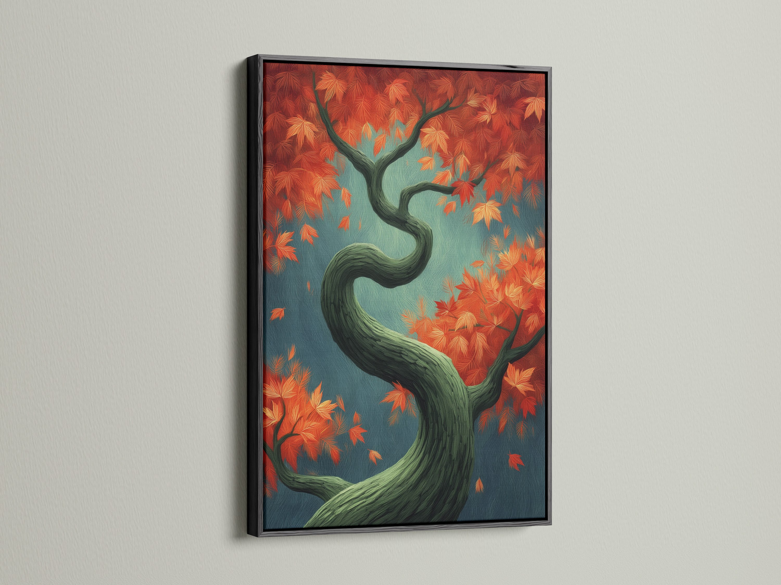 Japanese style Autumn Tree Canvas Print with fall foliage. The art has teal and orange colors. It is displayed in a black frame. Use this nature canvas art for living room wall art. It brings a calming zen atmosphere to your home decor.