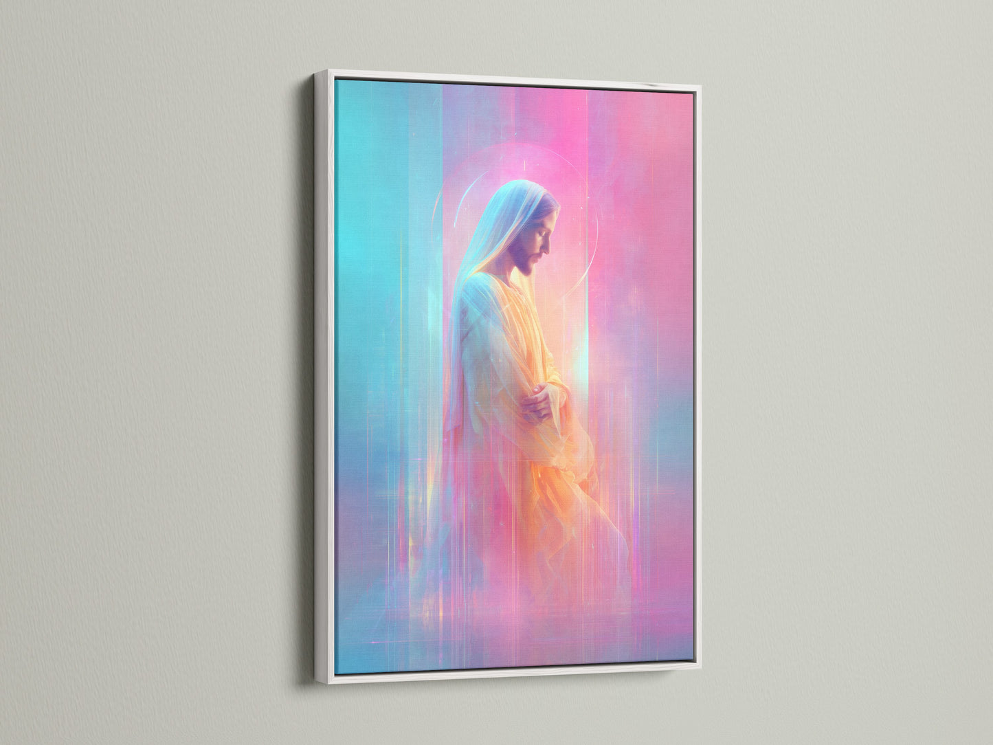 This artwork is elegantly presented in a white frame. The clean white border offers a crisp contrast. It ensures the artwork stands out. A white frame provides a modern and versatile aesthetic for various interior styles.