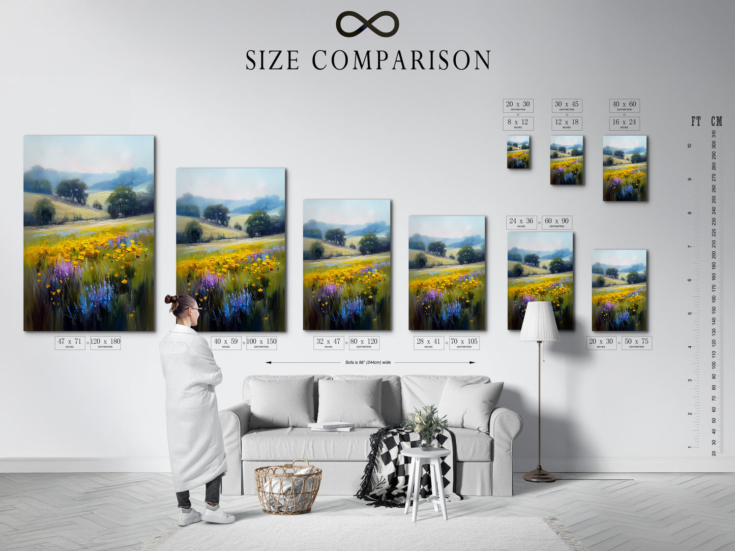 A size comparison chart displayed in an interior setting. The chart shows the different sizes available for the wildflower meadow artwork. Customers can visualize the perfect fit for their space. Choose the ideal size to enhance your living room wall art or bedroom decor. This artwork will complement any room.